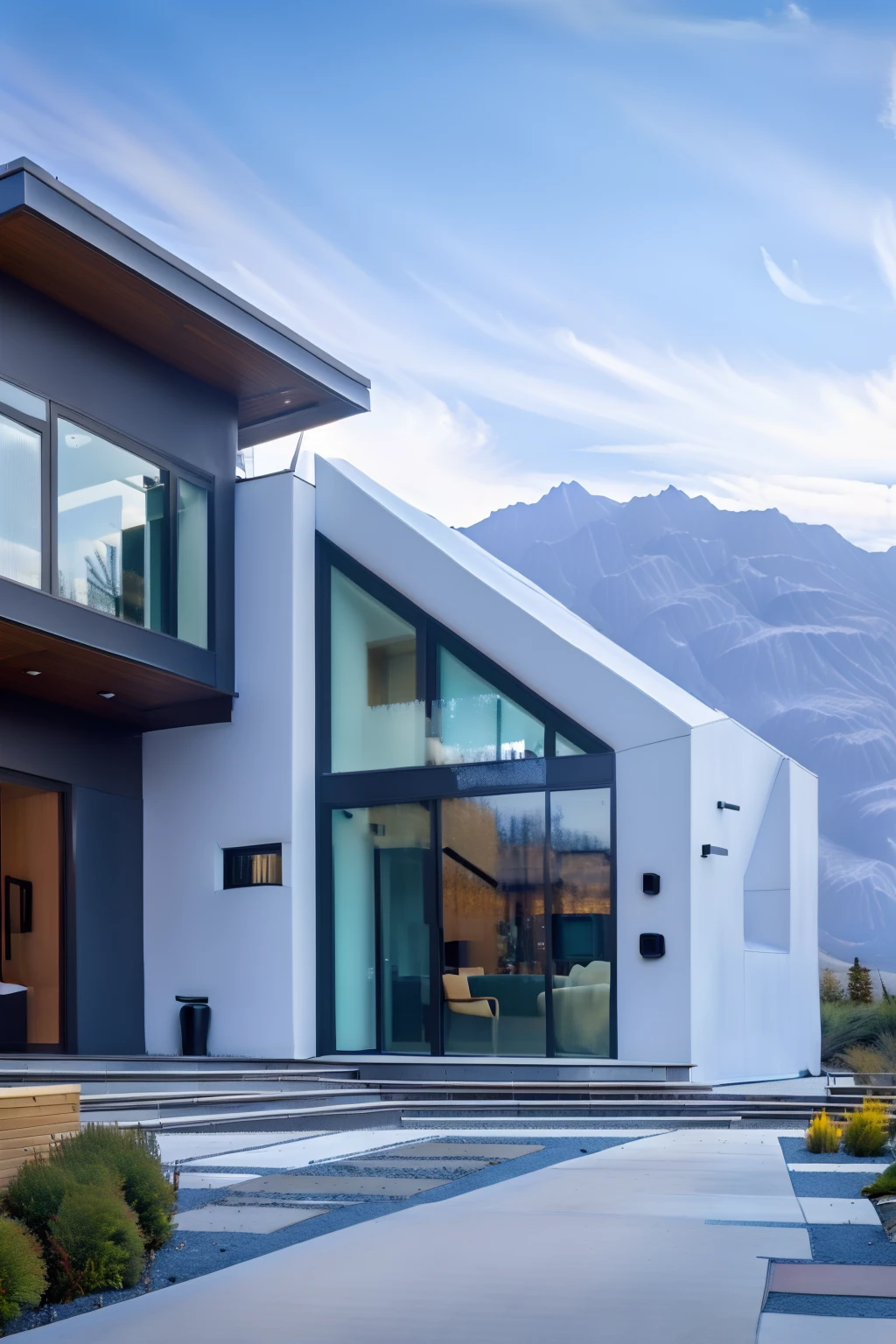 <lora:JJsModern_Style_House:1>, ((Modern Style House)), building,masterpiece , best quality, RAW photo, subject, 8k uhd, dslr, soft lighting, high quality, film grain, Fujifilm XT3, outdoors, sky, day, cloud, tree, blue sky, ground vehicle, building, scenery, road, lamppost, real world location,, door,entrance, beam,column, window,trees, sunlight, public blocks,daytime, mountains,   lively city streets, enough detail, high resolution, 8k, HD, super realistic, Photorealistic, highly detailed, door, fense, gate,