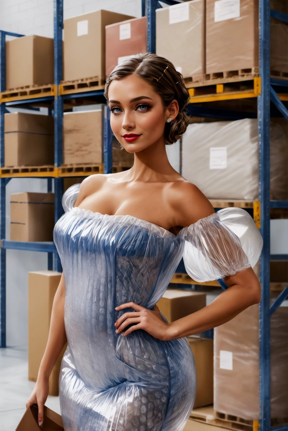 Adult, curvy, looking at viewer, (portrait:1.3), (Classic Finger Waves with Gem Hairpin:1.1), bubbl3_dr3ss, dress made of bubble wrap, puffy sleeves, <lora:bubbl3_dr3ss-06:0.8>, best quality, high detail, high quality, high res, 4k,eyeliner, pouty lips, detailed skin texture, (blush:0.5), (storage warehouse:1.3), lots of cardboard boxes, forklift, smiling,