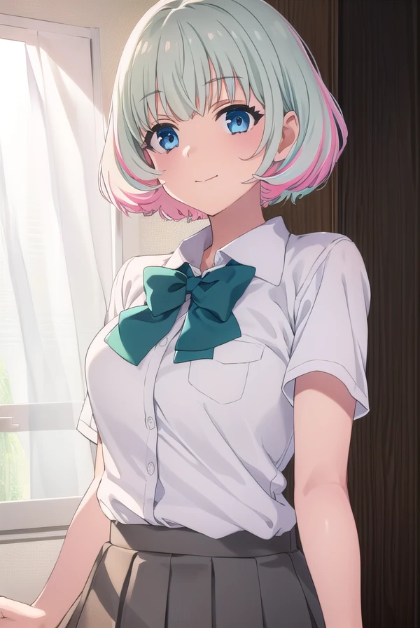 hibikimorishima, <lora:hibiki morishima s1-lora-nochekaiser:1>,
hibiki morishima, short hair, bangs, blue eyes, grey hair, pink hair, multicolored hair, two-tone hair, smile,
BREAK skirt, shirt, thighhighs, bow, school uniform, white shirt, short sleeves, pleated skirt, collared shirt, bowtie, white thighhighs, green bow, pocket, brown skirt, shirt tucked in, breast pocket, green bowtie,
BREAK indoors, classroom,
BREAK looking at viewer, (cowboy shot:1.5),
BREAK <lyco:GoodHands-beta2:1>, (masterpiece:1.2), best quality, high resolution, unity 8k wallpaper, (illustration:0.8), (beautiful detailed eyes:1.6), extremely detailed face, perfect lighting, extremely detailed CG, (perfect hands, perfect anatomy),