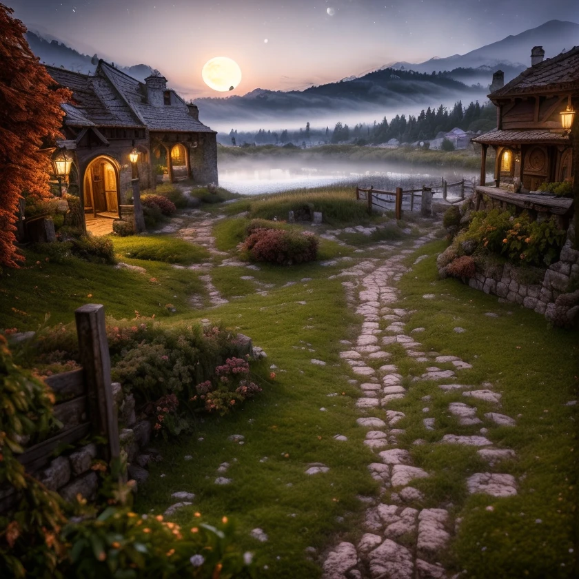 (masterpiece:1.2), (best quality,:1.2), 8k, HDR, ultra detailed, ((photorealistic)), professional light, cinematic lighting, fashion photography, ambient lighting,<lora:detail_slider_v4:2.5>, background, a medieval town at a lake, moonlight, fog, FanSe, <lora:FantasySettlement-10:1>, epiCPhoto