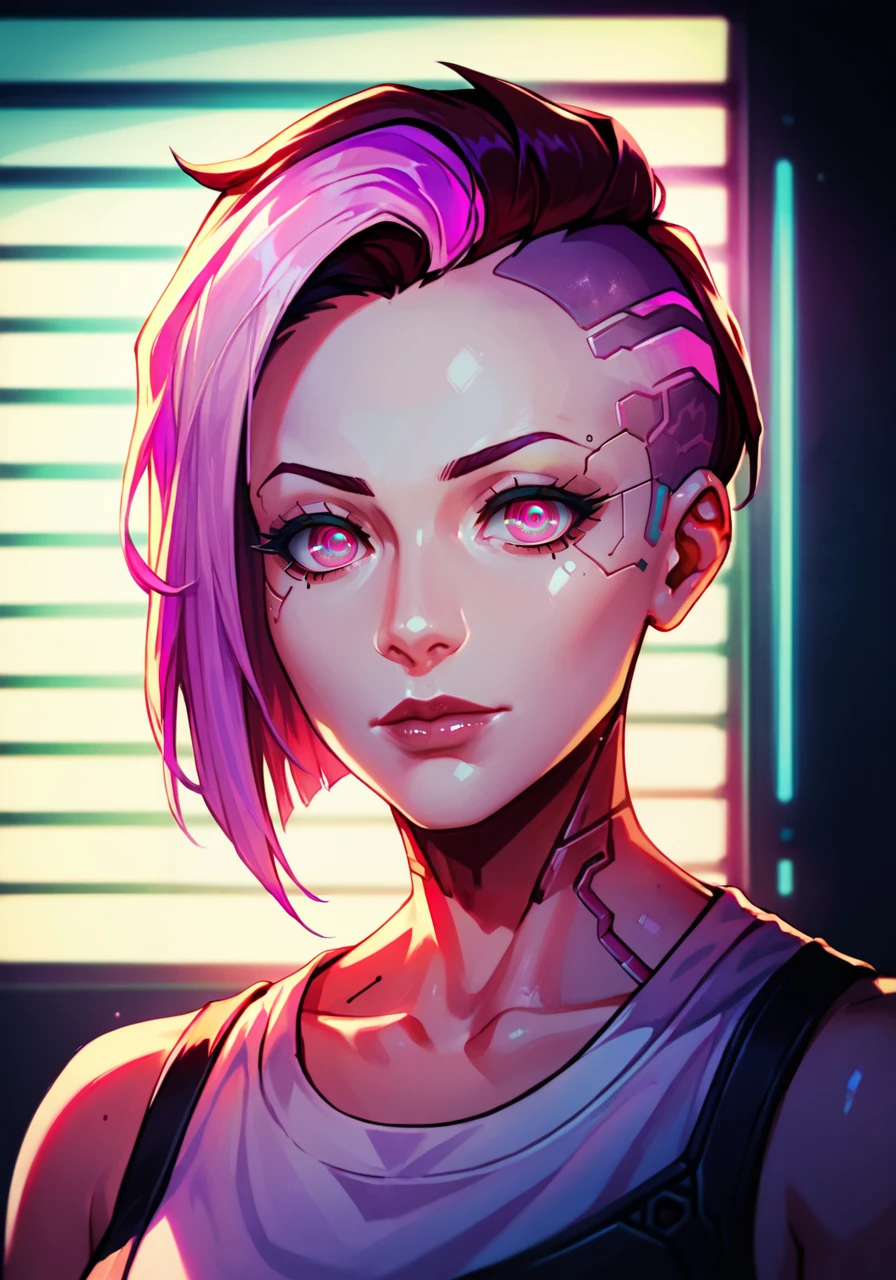lucy from cyberpunk, full standing nude body beautiful detailed eyes, beautiful detailed lips, detailed face and skin, long eyelashes, dark hair, neon cyberpunk city background, intricate cybernetic implants, glowing neon lights, futuristic cityscape, dark moody lighting, blue and purple color tones, cinematic composition