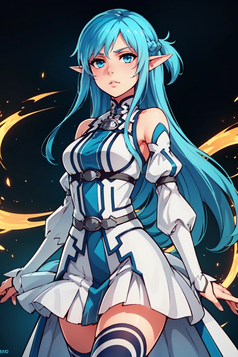 ((masterpiece,best quality)), bbasuna, long hair, blue hair, blue eyes, pointy ears, white dress, detached sleeves, blue thighhighs, <lora:asuna_(sao)_v1:0.7>, cowboy shot