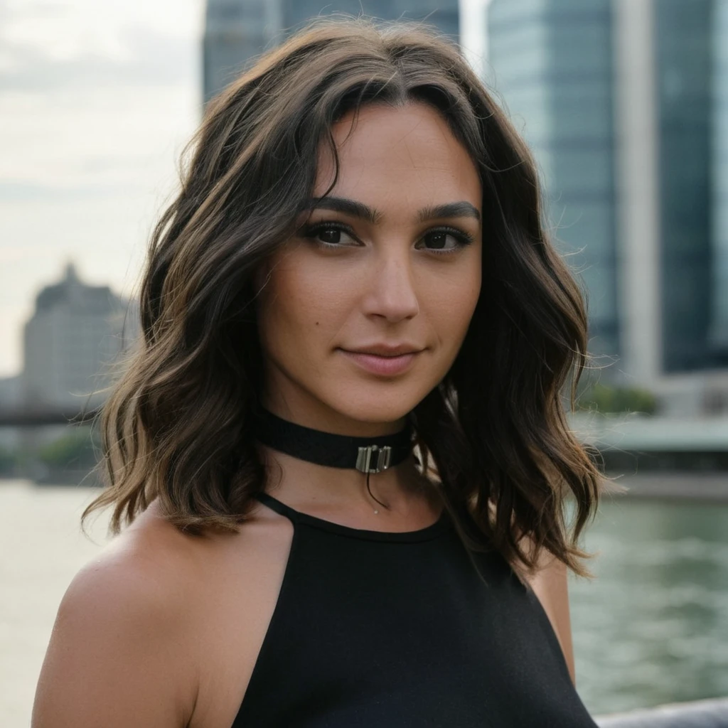(Skin Texture, pores, natural,iPhone,RAW)), natural lighting,Highest Quality (Closeup) portrait photo of a woman with dark wavy hair ,black thin choker, Nikon Z9, realistic matte skin, blurry city in the background, 8K, symmetric, <lora:galgadot_xl_1_standard-000079:1>