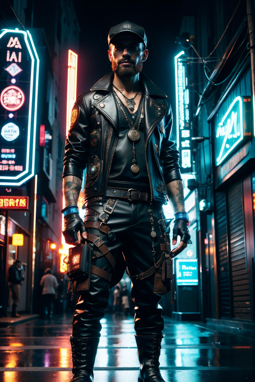 man, streetmage, cloth vest, flat cap, talismans, magic runes, eletricty, cyberpunk, (neon signs, dark alley:1.2), garbage, dirt, <lora:Neon_Cyberpunk_SD1.5_Techno_Mages:0.8>, masterpiece, best quality, ultra high res, (photorealistic, realistic:1.2), deep shadow, raw photo, film grain, Fujifilm XT3, 8k uhd, dslr
