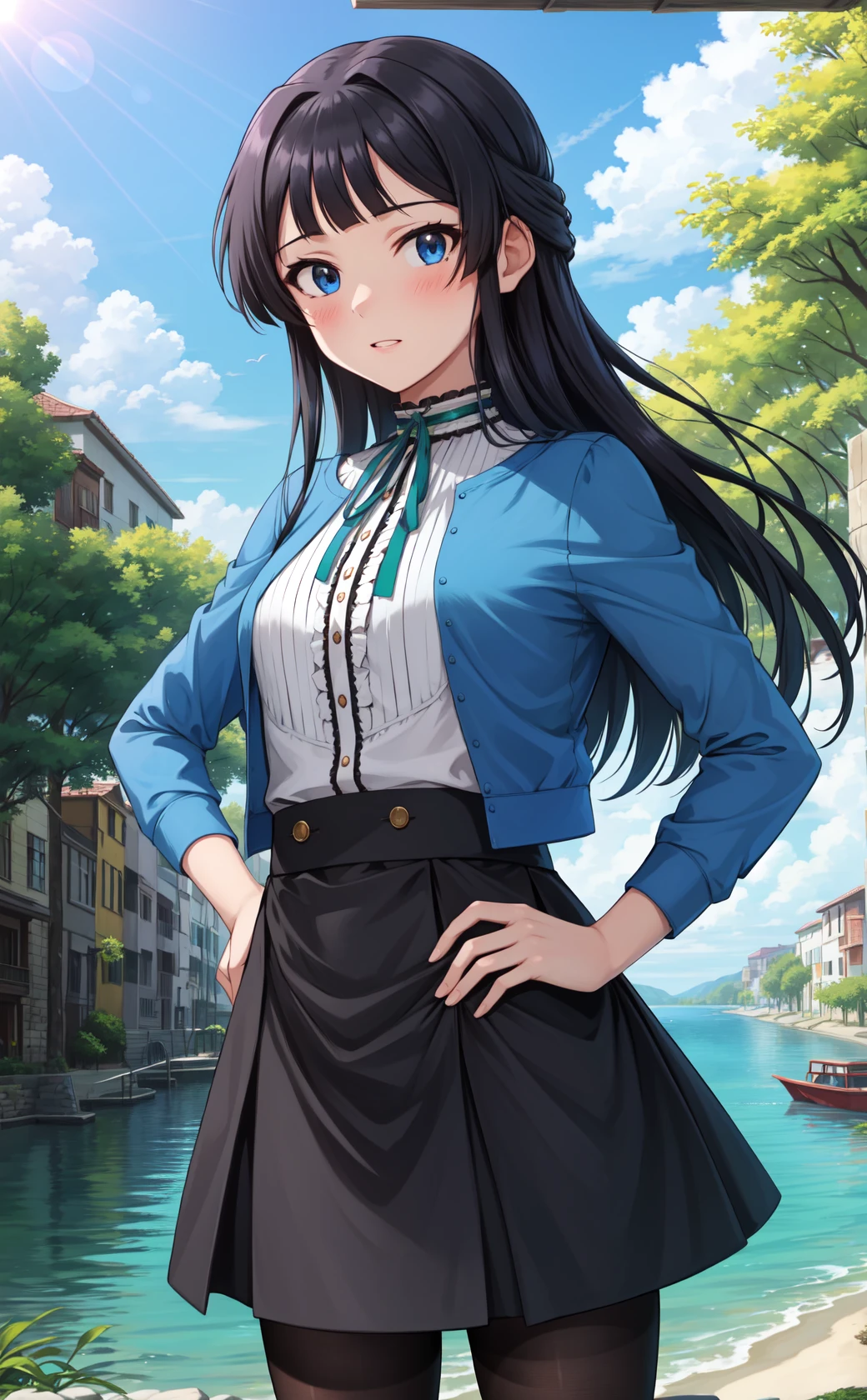 masterpiece, best quality, highres,
MogamiDef, 1girl, solo, black hair, long hair, blush, bangs, blue eyes, sidelocks, blunt bangs,
skirt, shirt, long sleeves, jacket, white shirt, pantyhose, frills, open clothes, black skirt, open jacket, neck ribbon, ribbon, hair intakes, blue jacket, brown pantyhose, green ribbon, center frills, frilled shirt,
cowboy shot, looking at viewer, hands on hips, outdoors, sky, blue sky, sunlight, forest, river, water, <lora:Mogami:1>