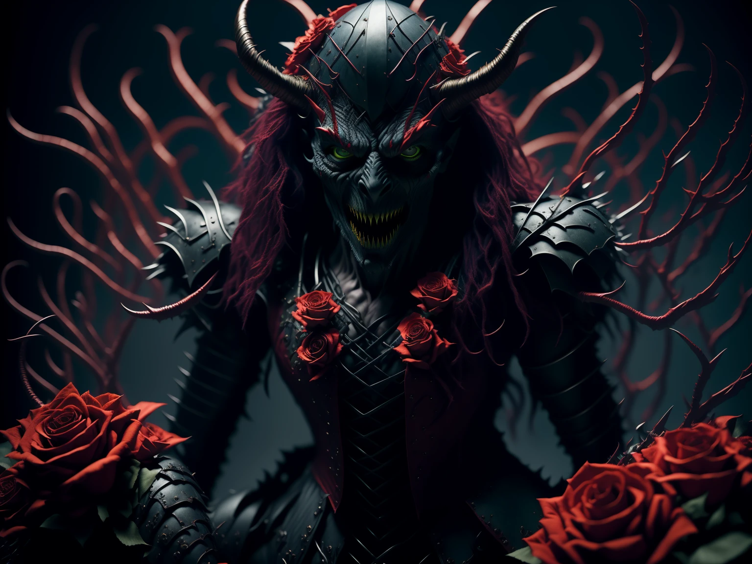 HDR photo of ohwx, a demon with green eyes surrounded by red roses in the dark . High dynamic range, vivid, rich details, clear shadows and highlights, realistic, intense, enhanced contrast, highly detailed