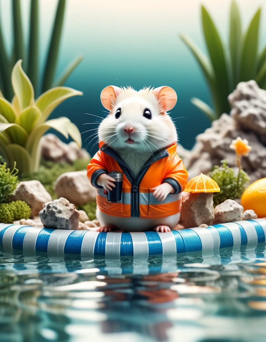 a photo with a tilt shift . selective focus, miniature effect, blurred background, highly detailed, bright, perspective control, a picture with a natural tilt (whimsically artistic), charming additional (fluffy: 1,3) chubby Dzungarian hamster in an ral-barriertape construction worker outfit, ((relaxing in the pool, drinking a cocktail)), dry meadows, tiny rocks, magical, macro photography, (charming:1.3), (luminous: 1.2), (huge flora: 1.1), mystical, vivid photography, flickering light, preoccupied, bizarre, disturbing, soft-focus, over-detailed digital art, ral-barriertape <lora:ral-barriertape:1> ral-barriertape landscape