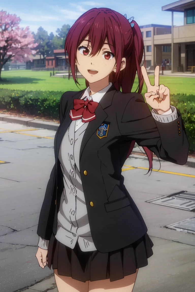 masterpiece, extremely detailed,perfect lighting, detailed face,detailed eyes,anime screencap,(perfect hands, perfect anatomy),1girl,solo,<lora:matgou_e15:0.8>matgou, school uniform,winter uniform,black blazer,outdoors,standing,smile,peace sign,cowboy shot,looking at viewer, upper teeth, dynamic angle,