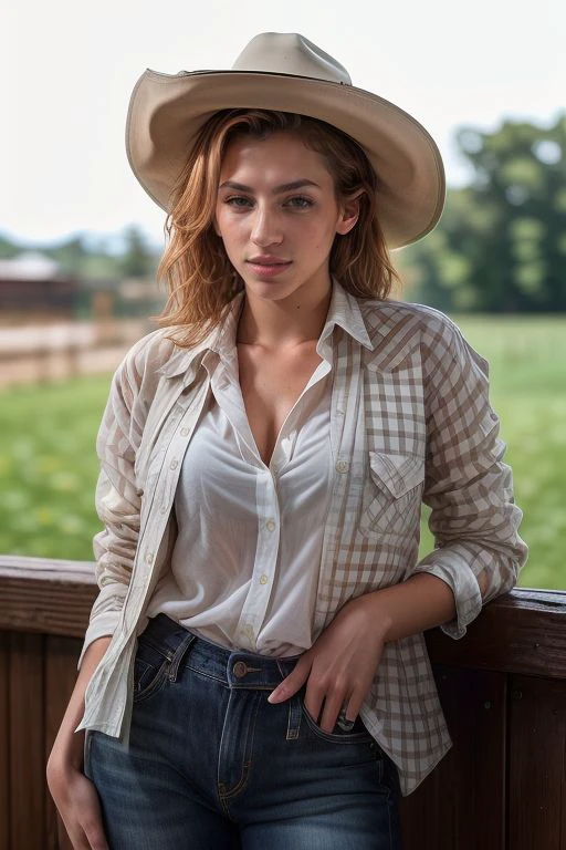 cinematic film still (8k, RAW photo, best quality, masterpiece:1.2),ultra-detailed, (high detailed skin:1.2), 8k uhd, dslr, soft lighting, high quality, smiling, ((deep_cleavage, blush)) <lora:RDR2Sadie:0.85> rdr2sadie, 1girl, freckles, braid, shirt, cowboy hat, long hair, looking at viewer, rolled_up_sleeves, pants, white shirt, . shallow depth of field, vignette, highly detailed, high budget, bokeh, cinemascope, moody, epic, gorgeous, film grain, grainy