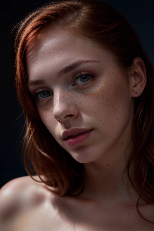 (editorial photograph of a 20 year old Finnish girl), (highly detailed face:1.4) (smile:0.7) (background inside dark, moody, private study:1.3), dark background, by lee jeffries, nikon d850, film stock photography, 4 kodak portra 400 ,camera f1.6 lens, rich colors, hyper realistic, lifelike texture, dramatic lighting, cinestill 800, messy hair, serious, (freckles:].4), pale skin, cute sexy, naked, medium breasts