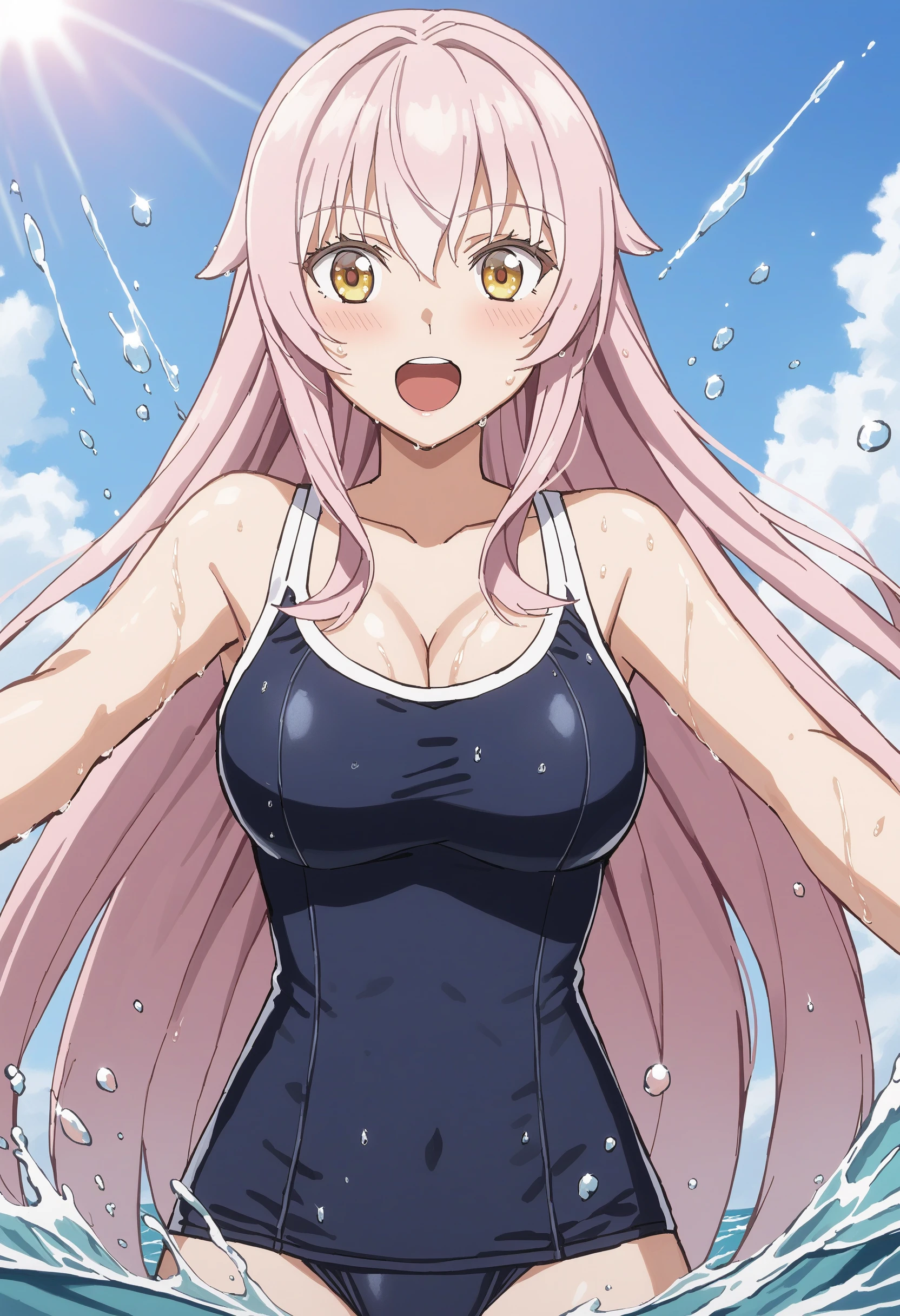 1girl, chloe, dark_skin, long_hair, pink_hair, yellow_eyes, hair_between_eyes, bangs, harf_updo, one_side_up, (9years old, short stature, Short arms, Short legs), lie on one’s back, lying, spread legs, open legs, perfect anatomy, (regulation navy blue one-piece swimsuit), big ass, gigantic breasts, huge breasts, large breasts, embarrassed look, bed, anime, anime screencap,