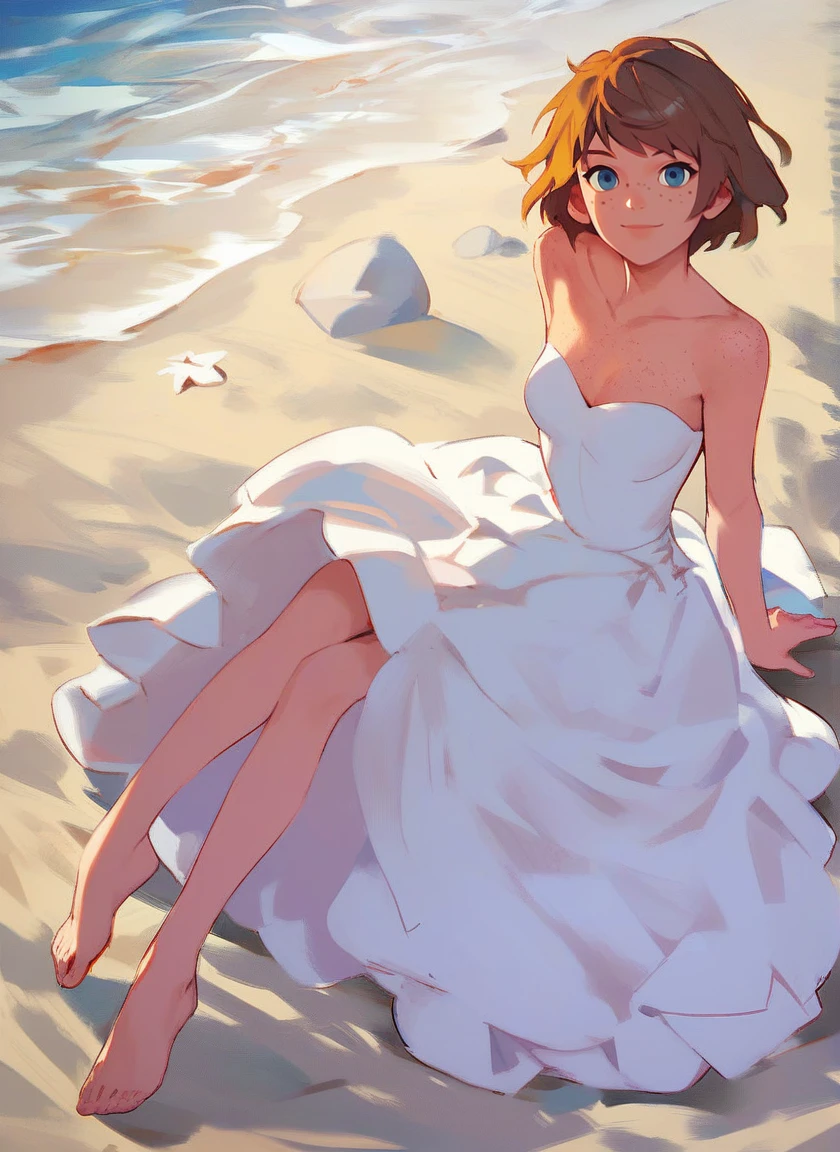 maxine_caufield_byammpu, 1girl, brown hair, short hair, blue eyes, freckles,beach, full body, white dress, wedding dress, barefoot,feet, score_9, score_8_up, score_7_up, score_6_up, score_5_up, score_4_up, 
(anime:1.2),looking at viewer <lora:MaxCaulfield_XL:0.8>