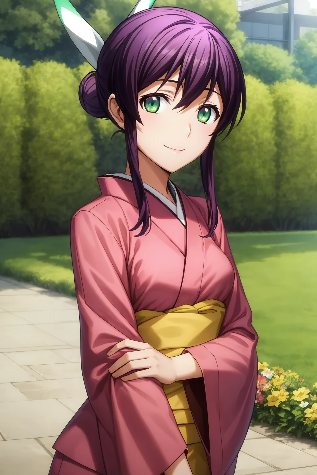 best quality, masterpiece, 1girl, solo, aqua eyes, purple hair, sidelocks, hair bun, single hair bun, look at viewer, smile, mikono_suzushiro, (green kimono:1.2), day, flower garden background