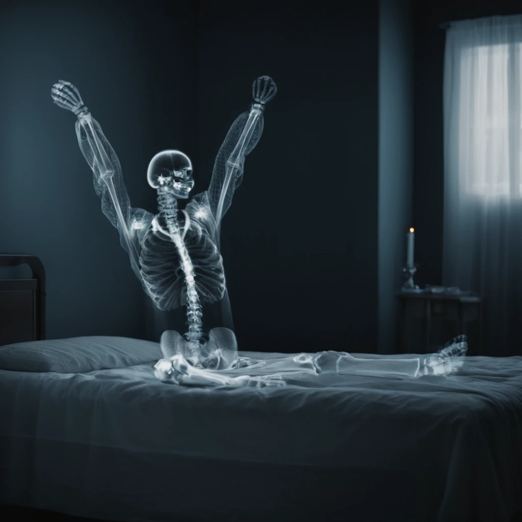 cinematic film still of <lora:x-ray style:1>
an x ray skeleton sitting on a bed waking up stretching out their hands with a clock,x-ray style, shallow depth of field, vignette, highly detailed, high budget, bokeh, cinemascope, moody, epic, gorgeous, film grain, grainy