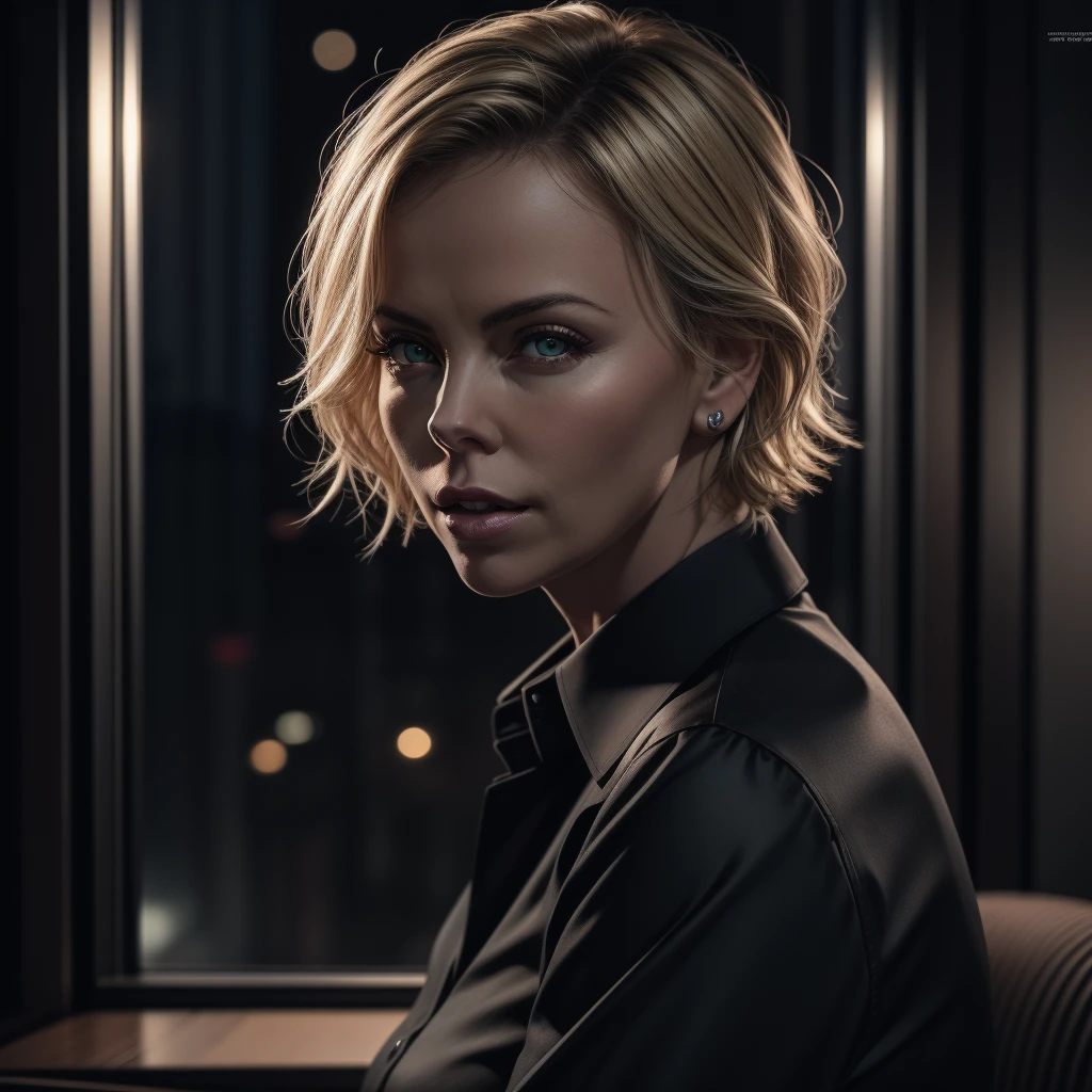 Best_QualityPos, RAW photo, intricate details, best quality, 8k uhd, soft lighting, 1girl, solo, charlize theron, green eyes, short hair, blonde hair, black collared shirt  <lora:Charlize_Theron:0.3> <lora:LowRA:0.6>