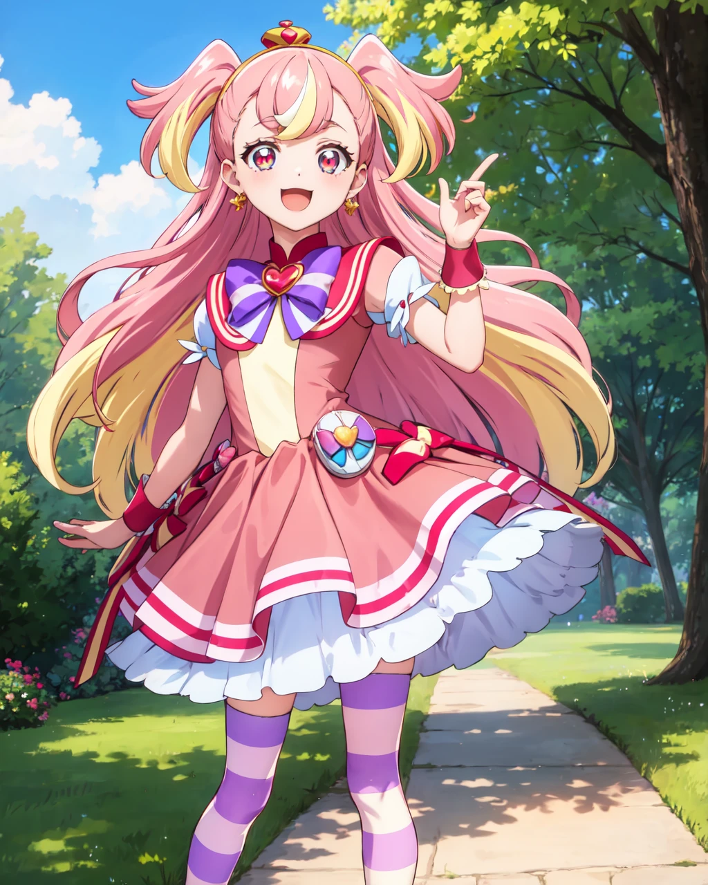 masterpiece, best quality, looking at viewer, depth of field, standing, dynamic pose,
1girl, <lora:locon_cure_wonderful_v1:0.75>, cure wonderful, pink hair, two side up, striped thighhighs, red dress, petticoat, crown, hairband, puffy short sleeves, wrist cuffs, earrings, ribbon, open mouth, :3, multicolored hair, multicolored eyes, very long hair, high heels, multicolored dress, symbol-shaped pupils, 
smile, lens flare, garden, outdoors, blue sky,  park, on grass,