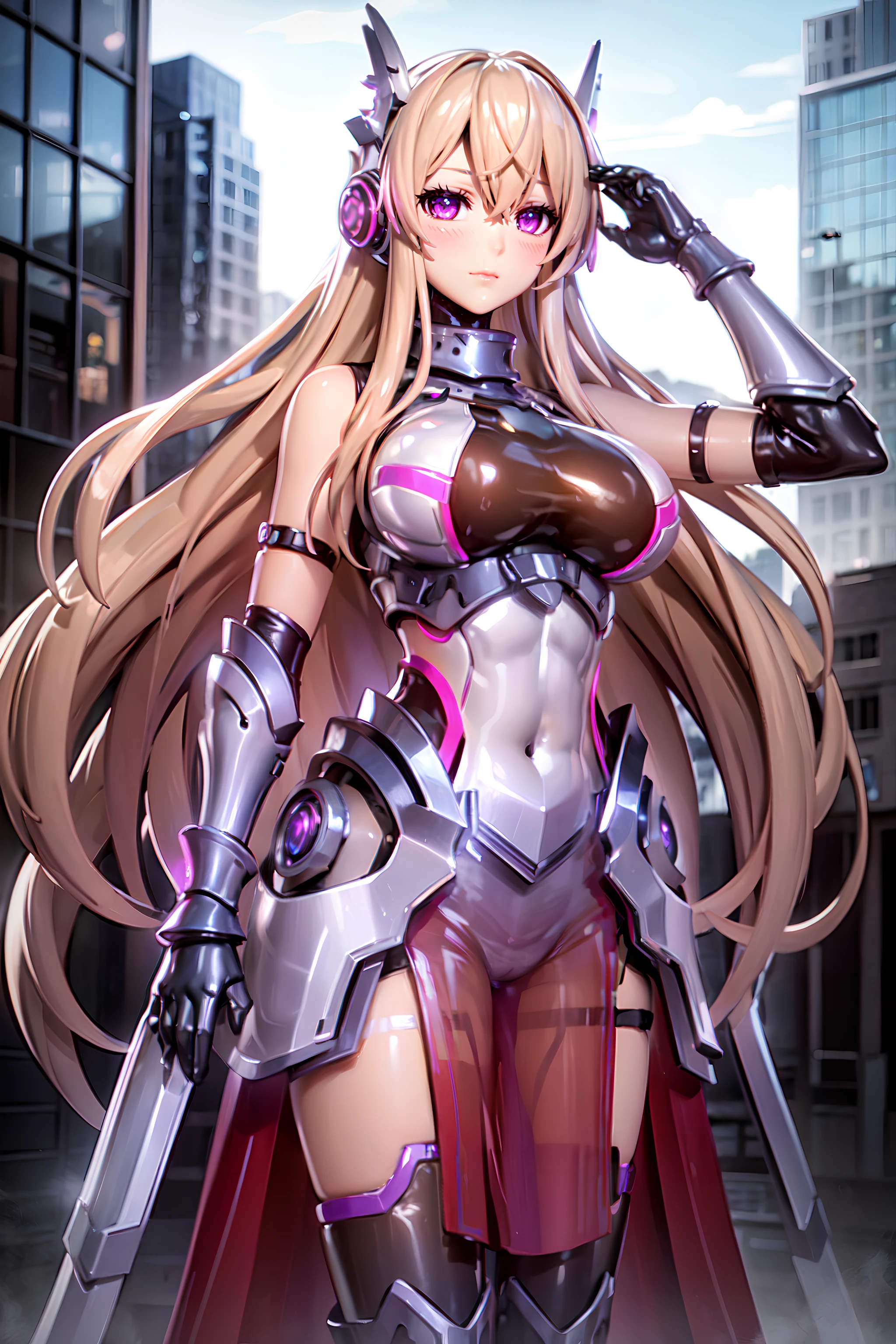 <lora:lauriel_apw:0.8>, lauriel_apw, 1girl, solo, long hair, breasts, looking at viewer, blonde hair, simple background, thighhighs, gloves, bare shoulders, breasts, large breasts, standing, purple eyes, elbow gloves, armor, bodysuit, headgear, headphones, gauntlets, boots, high heels, armored boots, pink eyes, neon trim, hair between eyes, closed mouth, dress, thighhighs, black thighhighs, see-through, bangs, platform footwear, breastplate, realistic, eyelashes, pelvic curtain, outdoors, sky, fire, ground vehicle, building, scenery, motor vehicle, smoke, city, car, cityscape, tower, (good hand:1.4)