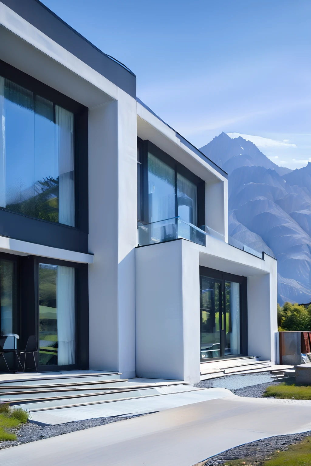 <lora:JJsModern_Style_House:1>, ((Modern Style House)), building,masterpiece , best quality, RAW photo, subject, 8k uhd, dslr, soft lighting, high quality, film grain, Fujifilm XT3, outdoors, sky, day, cloud, tree, blue sky, ground vehicle, building, scenery, road, lamppost, real world location,, door,entrance, beam,column, window,trees, sunlight, public blocks,daytime, mountains,   lively city streets, enough detail, high resolution, 8k, HD, super realistic, Photorealistic, highly detailed, door, fense, gate,
