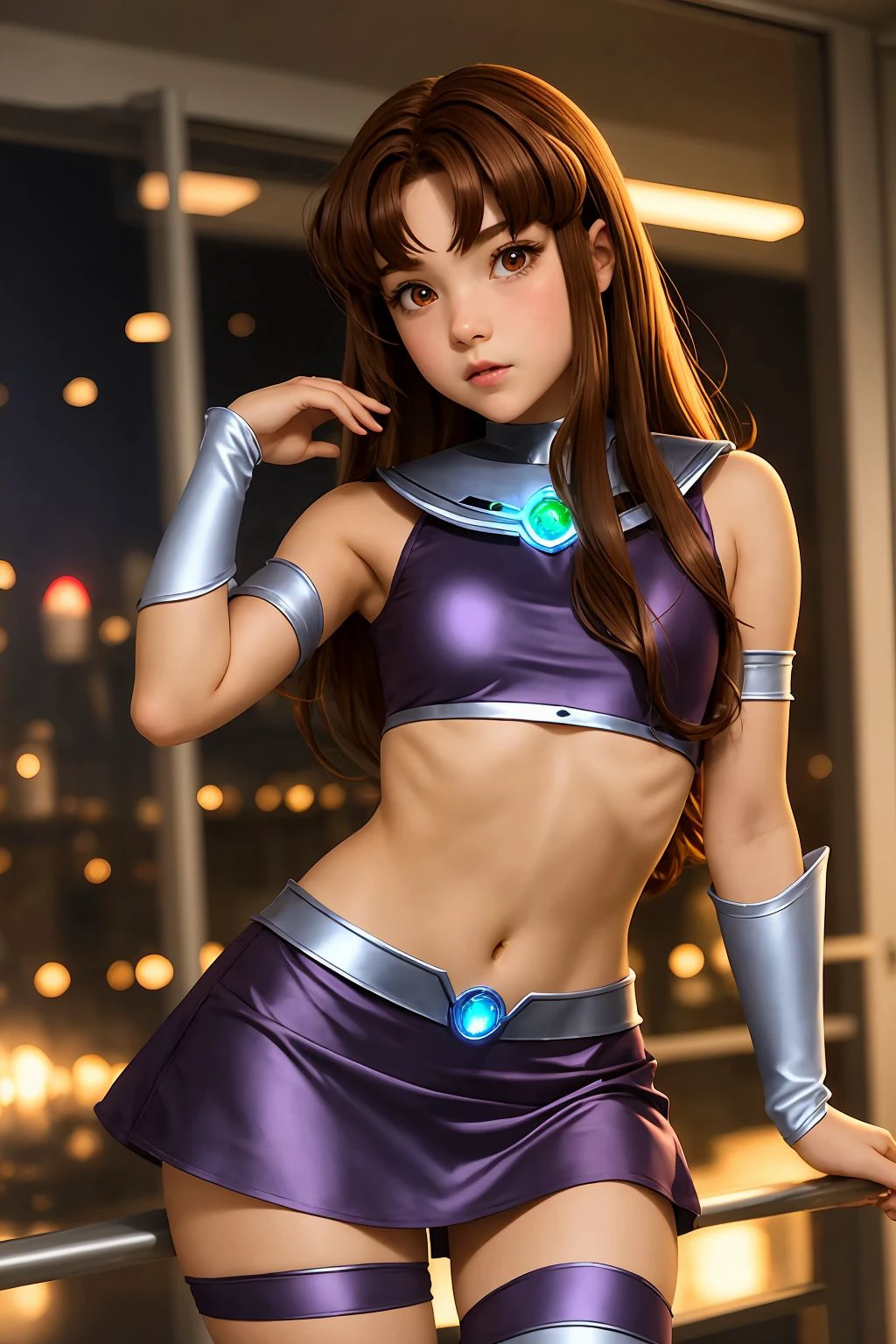 1girl, medium brown hair, red eyes, <lora:Starfire Costume_v1:1> starfire costume, upper body