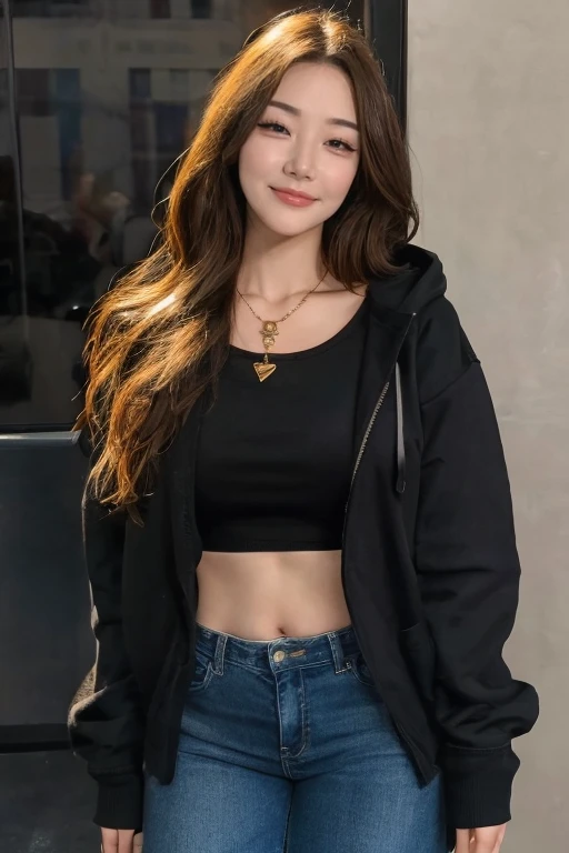 4k, 8k, ultra highres, raw photo in hdr, sharp focus, intricate texture, skin imperfections, realistic, detailed facial features, highly detailed face, posing,perfect lighting,long hair,black hair,makeup,necklace, standing,hoodie,black jeans,<lora:Kiittwy:0.7> kittwy1, petite, smile