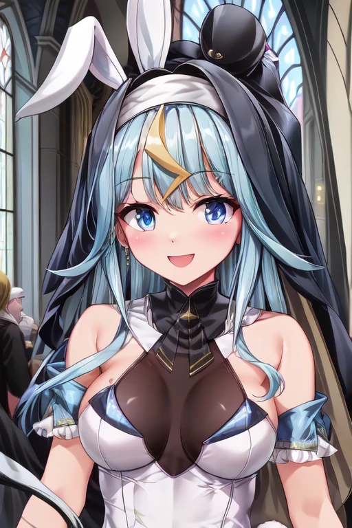 person, 1girl, bangs, blue eyes, blue hair, eyebrows visible through hair, hair between eyes, long hair,multicolored hair, smile, yellow streaks of hair,
animal ears, aqua hair, blue eyes, bow,fake animal ears, hair ornament, long hair, open mouth, solo, tail, very long hair, wrist cuffs,
hair bow, hair ornament, rabbit ears, ((((nun outfit:1.23)))), ((church))
<lora:CLARA-PC-V2-000002:0.7>,  <lora:add_detail:1.1>,  <lora:hyperrefiner_v090:1.3>