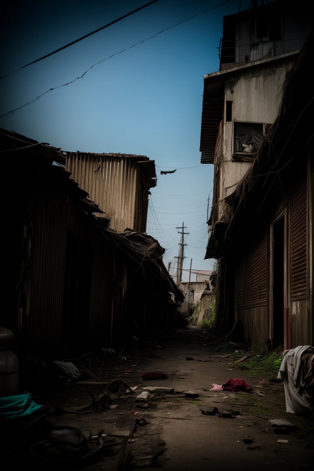 outdoors,no humans,<lora:0180 Messy urban village_v1:1>,ruanyi0180,utility pole,power lines,clothesline,<lora:add_detail:1>,<lora:nighttime_v1:1>,red-panic-button-positive,, best quality,masterpiece,high quality,real,realistic,super detailed,full detail,8K,