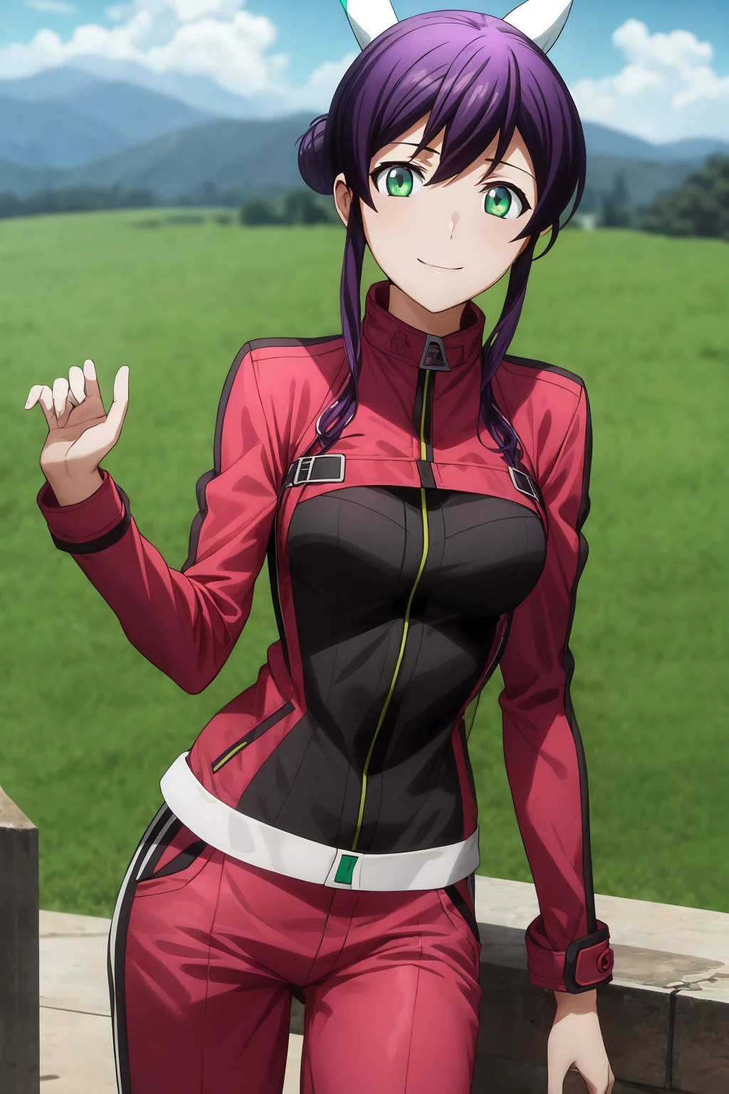 best quality, masterpiece, 1girl, solo, aqua eyes, purple hair, sidelocks, hair bun, single hair bun, look at viewer, smile, mikono_suzushiro, (red jacket, pants:1.3), day, outdoor