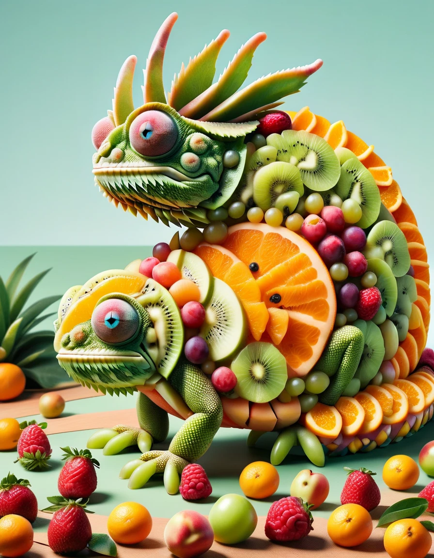 surrealism art by Yosuke Ueno, whimsical art, Ludicrous Chameleon, Ultra Real, L USM, Fujifilm Superia, made out of ral-fruitsalad <lora:ral-fruitsalad-sdxl:1> ral-fruitsalad landscape
