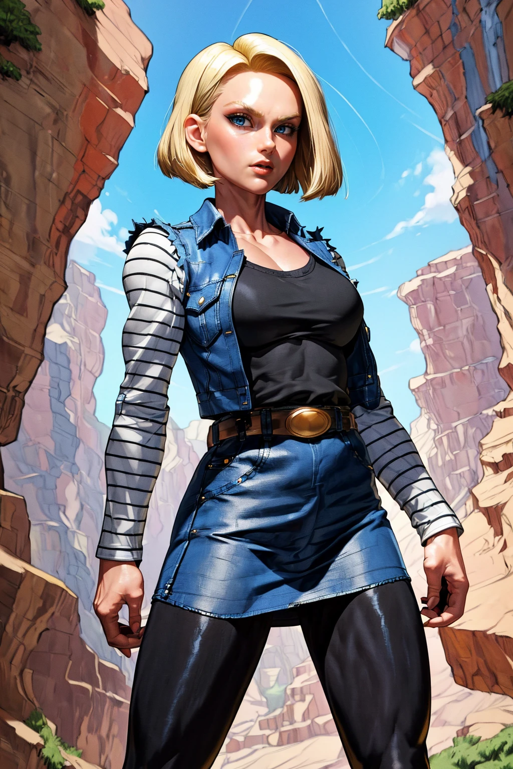 ((ultra detailed, masterpiece, absurdres))
,<lora:add_detail:0.5>,
android 18,
short hair,blue eyes,blonde hair,collarbone,
black shirt,denim jacket,vest,striped sleeves,belt,denim skirt,black pantyhose,brown boots, <lora:android18:0> <lora:Android_18_DB:1>
in a large open canyon,