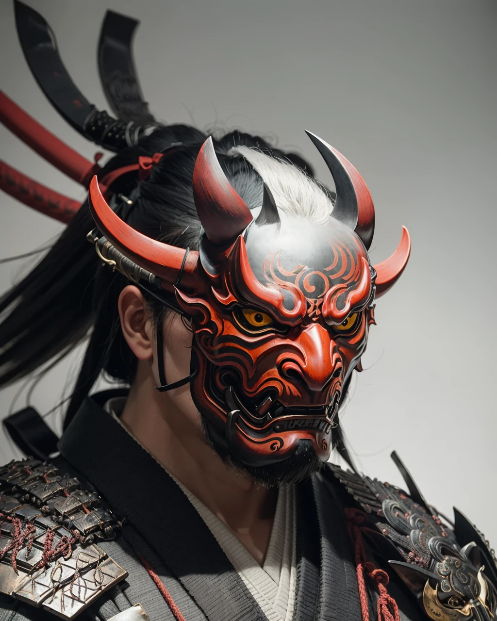 (oni mask:1.3), 
best quality,masterpiece,highly detailed,ultra-detailed, 1man samurai Black and red battle japanese armor, glowing red eyes, floting hair in air,
  