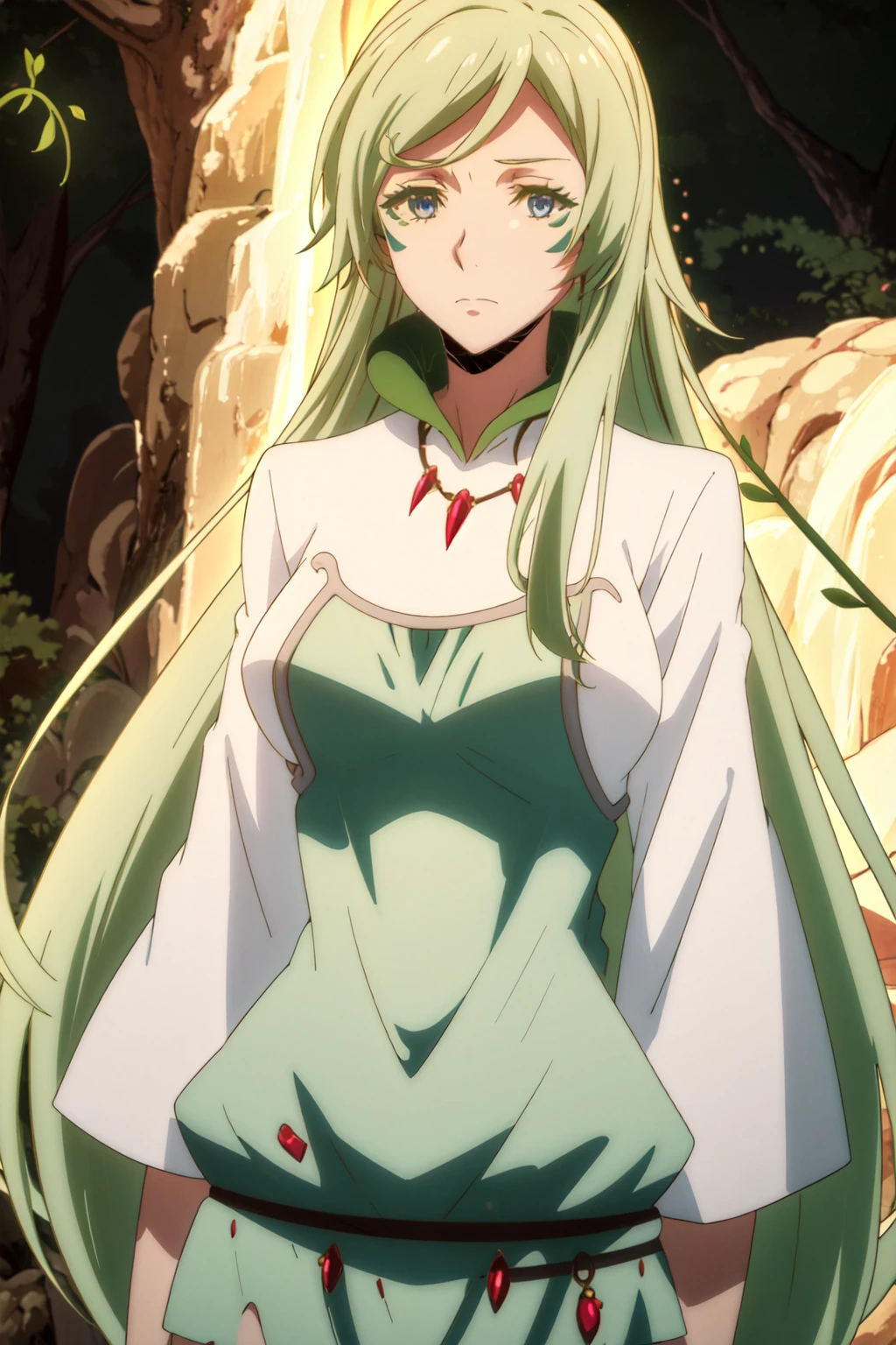 <lora:anime_screencap_v2:0.3> tall body, tall, long legs, mature female, mature, adult, <lora:GoodHands-beta2:1.4>,
 <lora:eft_tensura_treyni-02:1> EFT_Tensura_Treyni, 1girl, long hair, blue eyes, solo, green hair, jewelry, necklace, facial mark, upper body, breasts, closed mouth, dress, nature