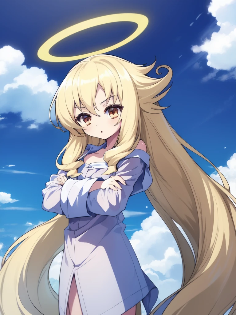 <lora:angelia_avallone:0.8>,  angelia, 1girl, solo, long hair, very long hair, barefoot, blonde hair, halo, sky, crossed arms, cloud, brown eyes, twintails,
masterpiece, high quality, very_high_resolution, large_filesize, full color,