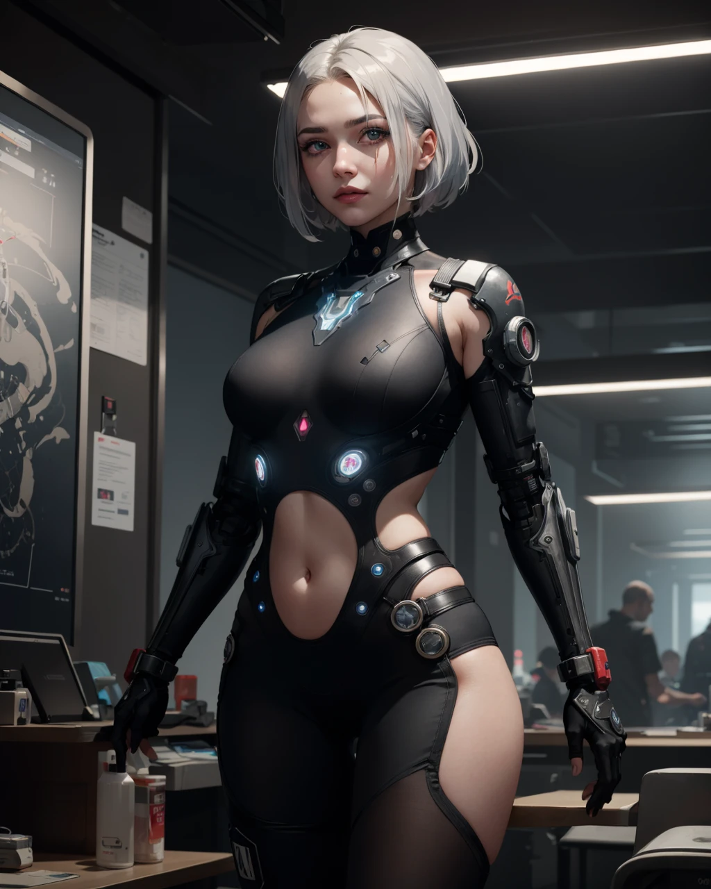 best quality,masterpiece,highly detailed,ultra-detailed, <lora:neg4all_bdsqlsz_V3.5:-1>,1girl,   <lora:cartoonisationer-V4-8:1.75>, 1girl, A cyborg with a streamlined, silver-plated exoskeleton featuring intricate circuit-like patterns. The synthetic skin seamlessly blends with the metal components, creating a harmonious appearance. The clothing is composed of lightweight, form-fitting materials with embedded LED accents, contributing to a sleek and modern aesthetic. The hair is styled in a futuristic, asymmetrical cut, completing the cybernetic ensemble.  mechanical arms,  mecha musume, impossible clothes,  mechanical parts, gameplay mechanics,    Average-sized breasts ,,  narrow waist, Shaved Head with UV Reactive Paint - Magenta    , fantastic details full face, dot nose,detailed Star-shaped eyes, cherry red iris, thin eyebrows, cherry beautiful Detailed Eyes,    lips at  in Cyberpunk 2077 ,The Med Center, a hospital where people can receive medical care and cybernetic enhancements. It's a busy and chaotic environment, with doctors and patients rushing around.  , extremely detailed eyes, fantastic details full face