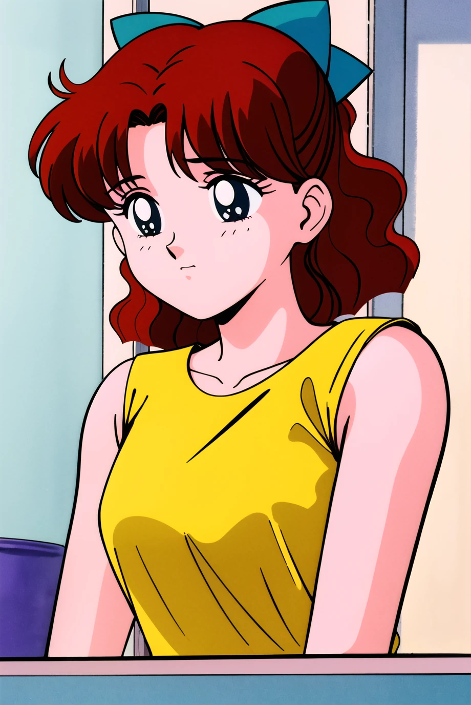 masterpiece,best quality,highres,<lora:Osaka Naru:0.6>,Osaka Naru,1990s \(style\),1girl,solo,retro artstyle,red hair,hair bow,sleeveless,upper body,yellow shirt,shirt,head down,indoors,