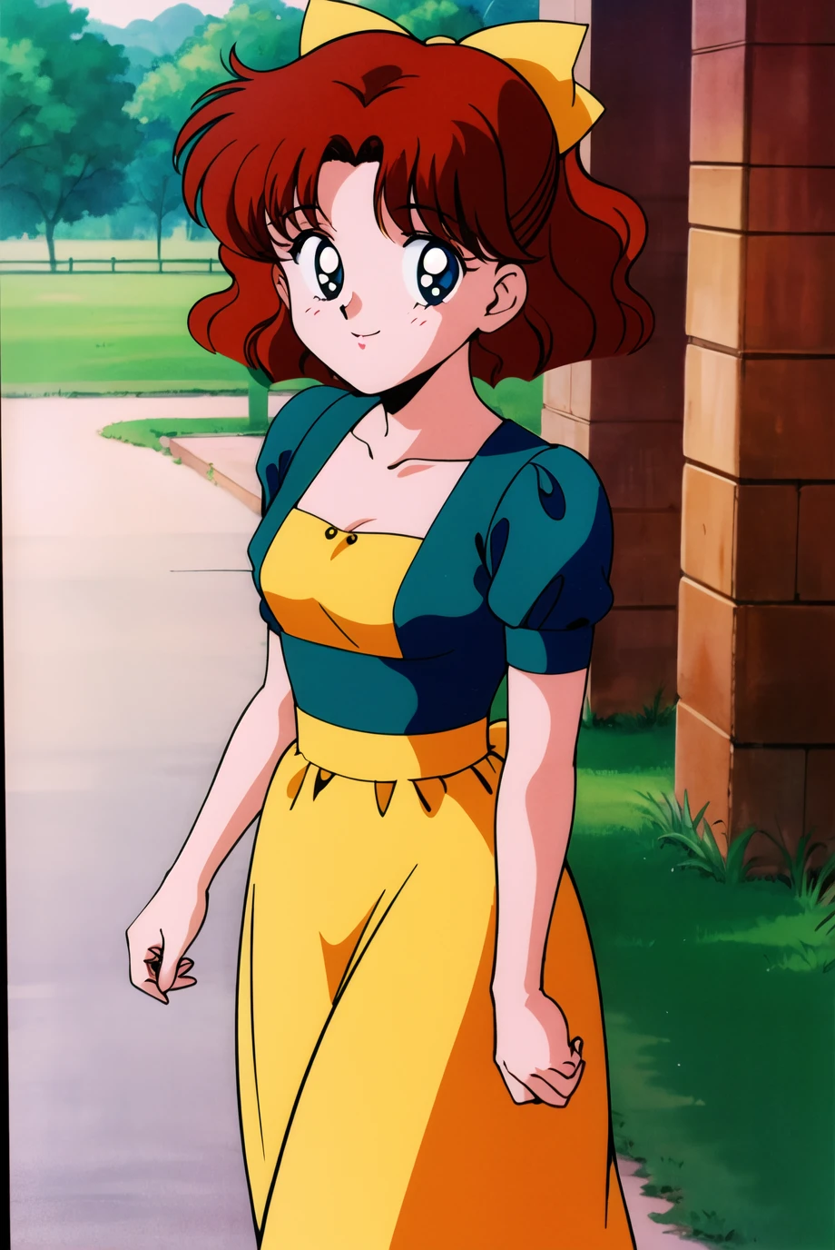 masterpiece,best quality,highres,<lora:Osaka Naru:0.6>,Osaka Naru,1990s \(style\),1girl,solo,retro artstyle,red hair,hair bow,mexican dress,funamusea,cowboy shot,walking,looking at viewer,happy,