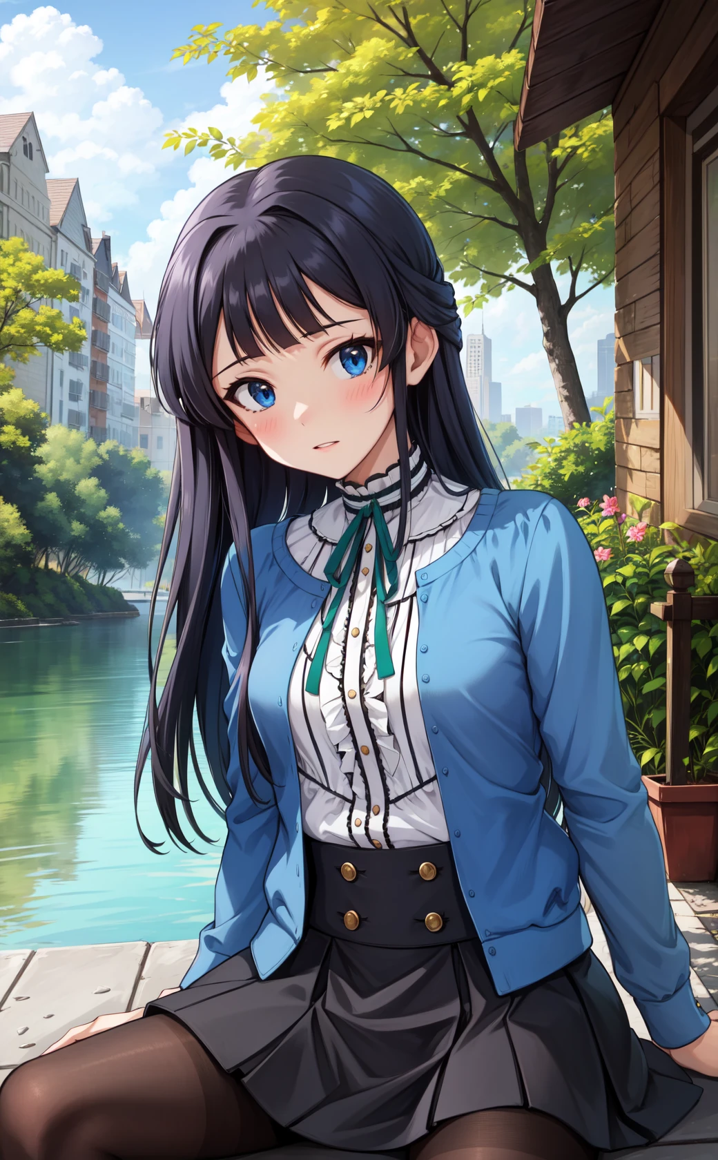 masterpiece, best quality, highres,
MogamiDef, 1girl, solo, black hair, long hair, blush, bangs, blue eyes, sidelocks, blunt bangs,
skirt, shirt, long sleeves, jacket, white shirt, pantyhose, frills, open clothes, black skirt, open jacket, neck ribbon, ribbon, hair intakes, blue jacket, brown pantyhose, green ribbon, center frills, frilled shirt,
sitting, spread legs, leaning back, cowboy shot, looking at viewer, outdoors, sky, blue sky, sunlight, forest, river, water, <lora:Mogami:1>