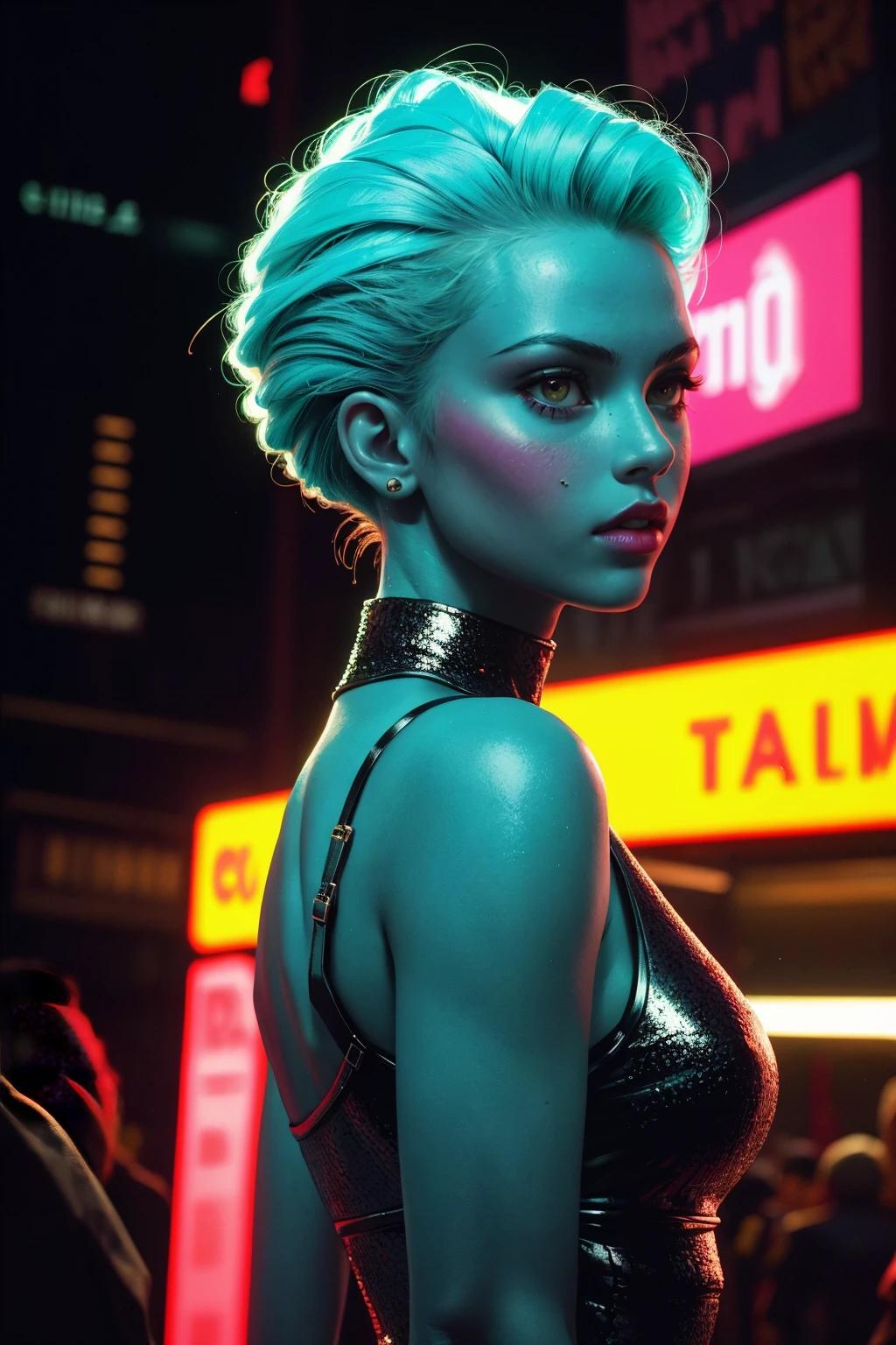 raw photo, photograph, film still, cinematic, fashion photo of beautiful woman, detailed skin texture, shot on film, vibrant colors, neon theme, photo grain, 3600 iso, cinestill