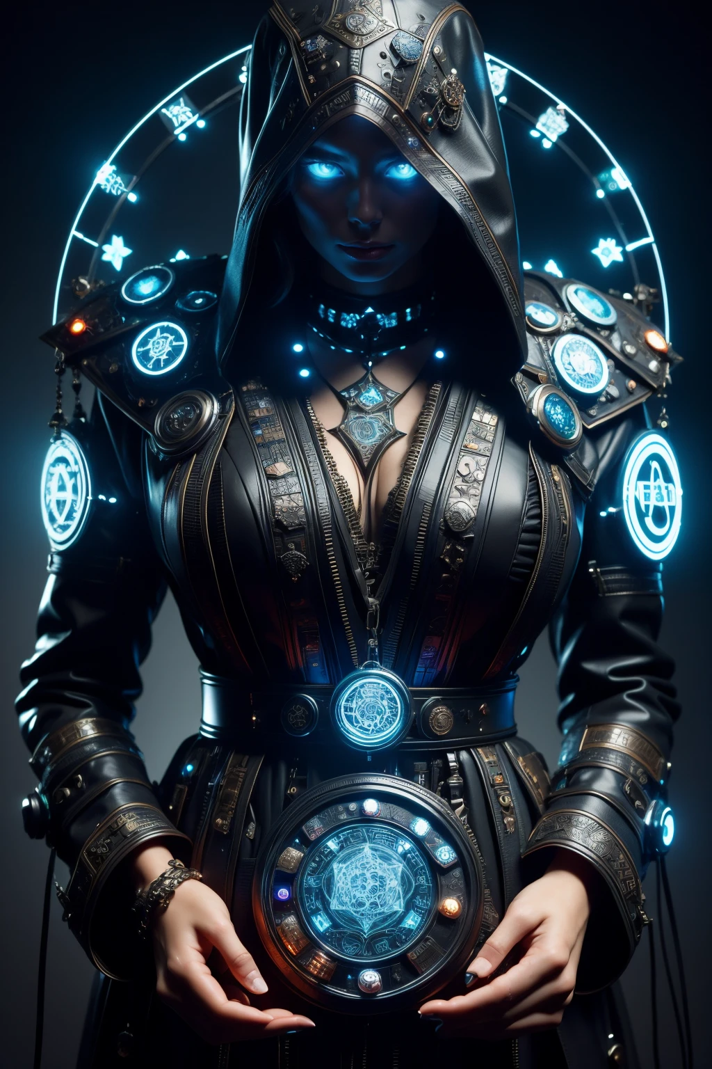 woman, hermeticwizard, intricately ornated hooded runes, talismans, cyberpunk, (magic circle, dark library:1.4) <lora:Neon_Cyberpunk_SD1.5_Techno_Mages:0.8>, masterpiece, best quality, ultra high res, (photorealistic, realistic:1.2), deep shadow, raw photo, film grain, Fujifilm XT3, 8k uhd, dslr