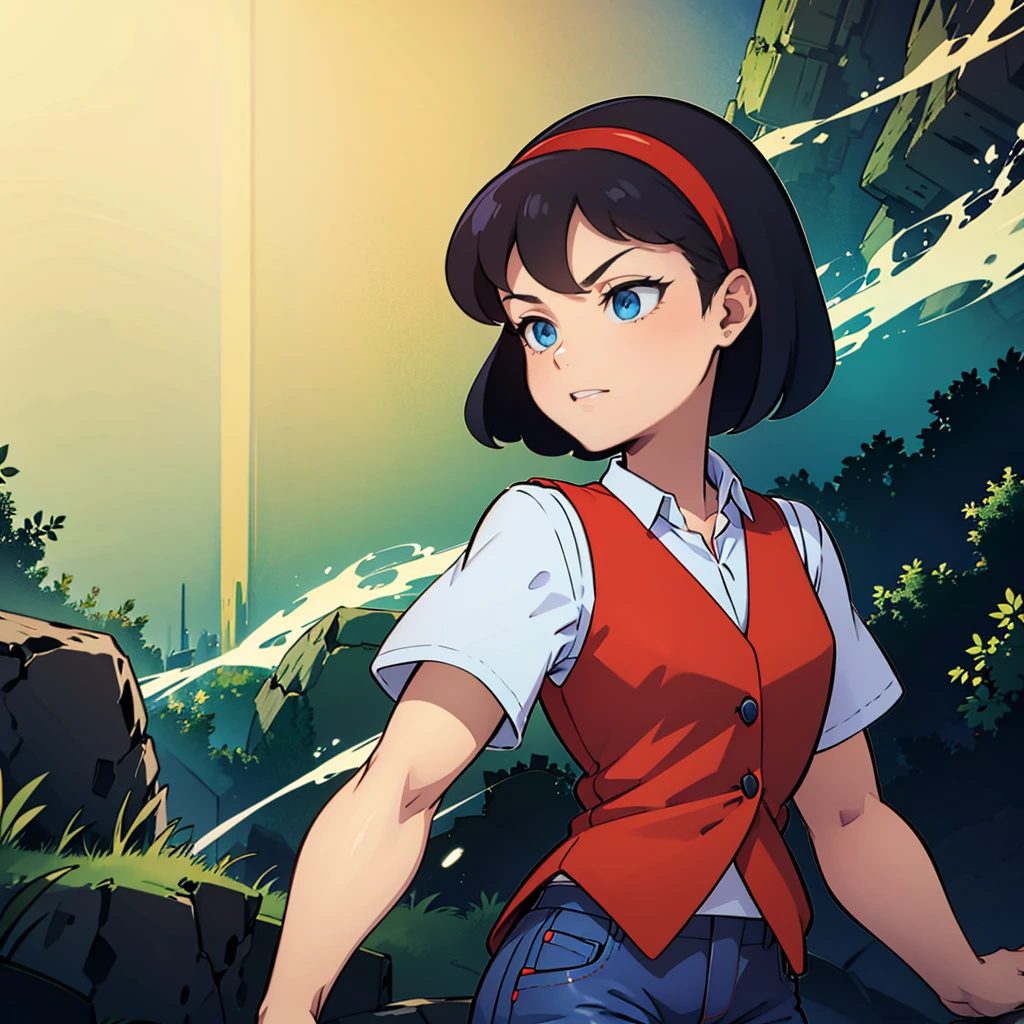 1girl, solo, black hair, blue eyes, red headband, short hair, shirt, red vest, bea, blue pants, <lora:Bea_MightyMax_Leaf3-any:0.8>, green lighting, light particles,