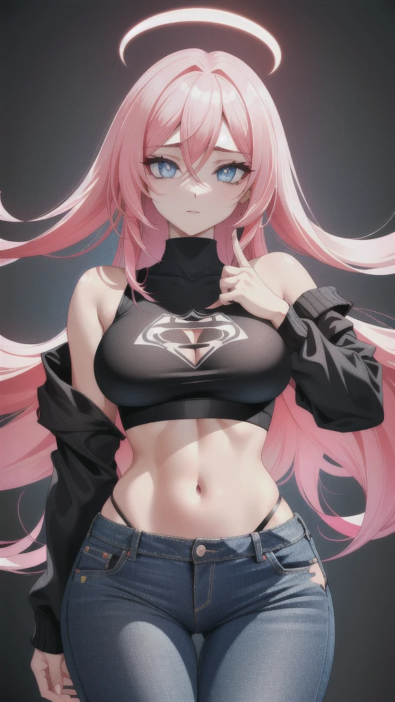 (16k cg wallpaper, 16k ultra hd, 8k cg wallpaper, 8k ultra hd, photograpic), (messy hair, bright pink hair, long hair), (blue eyes, blue iris, black pupil, white sclera, symmetrical eyes), (wide hips, thin waist, six pack, 175cm tall, 55kg weight, symmetrical body, well proportioned body), (medium sized boobs, symmetrical boobs), ((jeans, blue, jeans pants) and (fabric, black, thong) and (fabric, black croptop jacket) and (fabric, white croptop t-shirt)),