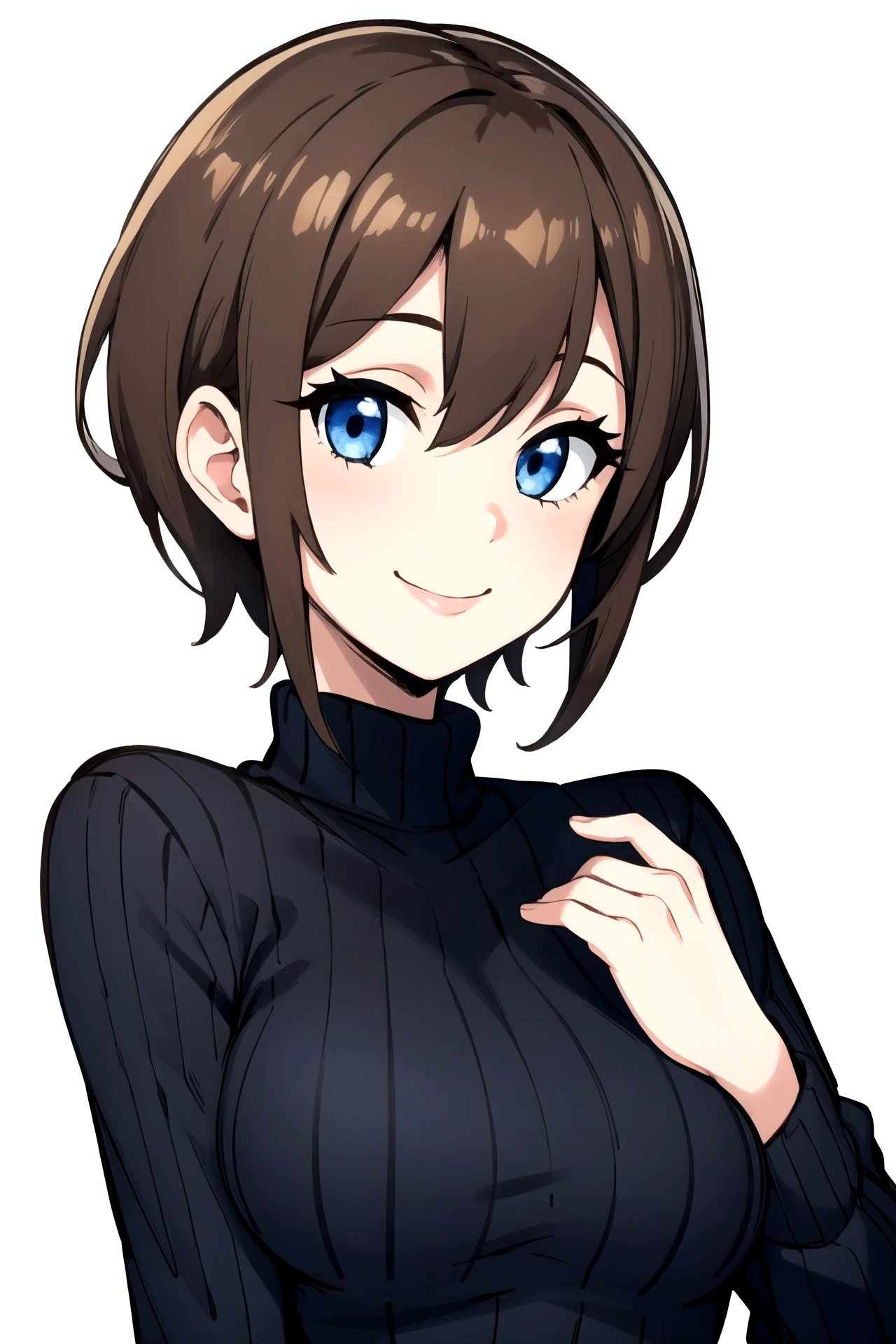 1girl, brown hair, short hair, blue eyes, smile, black sweater, medium breasts, simple background, white background,