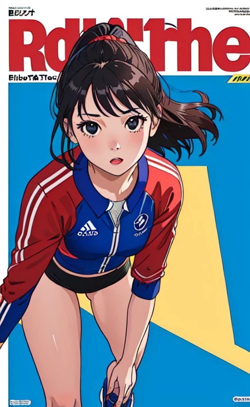 1 girl, 18 years, photorealistic, dark hair, dark eyes, sport outfit, simple background, magazine cover