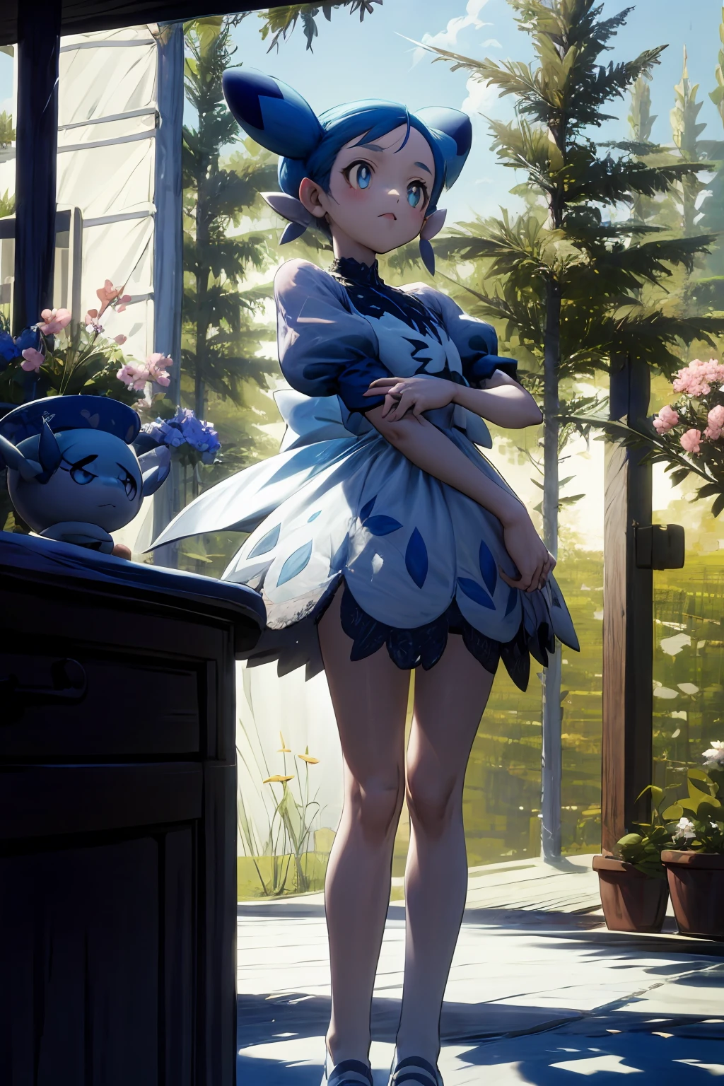 palowrld-chillet,  pokemon, masterpiece, best quality, <lora:palworld_chillet_classify_v4-000050:0.7>, 
(masterpiece,ultra-detailed,best quality,8K,illustration,perfect-composition:1.0),(kawaii,petite girl:1.0), <lora:add_detail:1>, floral print, lace, bow, short puffy sleeves,see-through,garden,flower,sky,