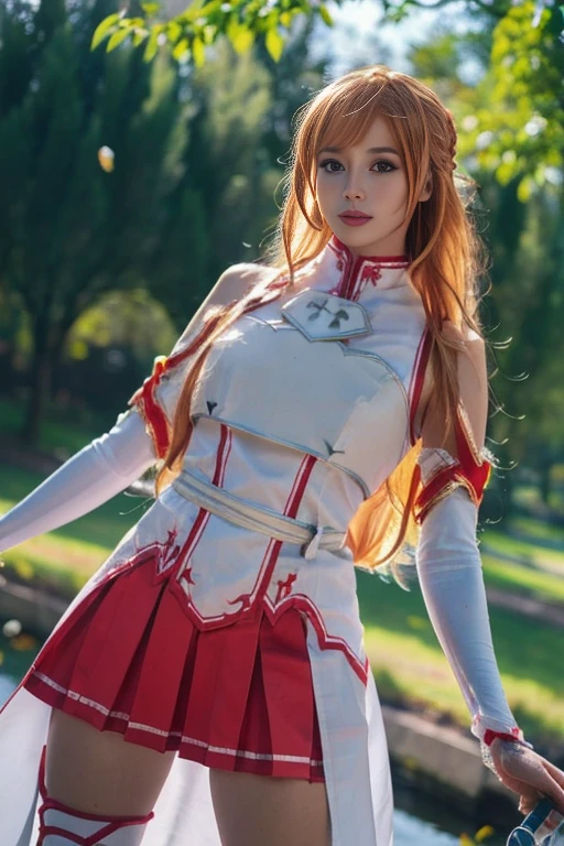 ltra-detailed,highly detailed,best quality,masterpiece,illustration,realistic,photorealistic,
yuuki asuna, 1girl, solo, cosplay, 
breastplate, armor, skirt, bare shoulders, detached sleeves, gloves, belt,
long hair, blonde hair, braid, bangs, 
cowboy shot, looking at viewer, 
outdoors, river,riverbank, water, grass, sky, falling petals, 
 <lora:yuuki asuna_v3_06:1.0>