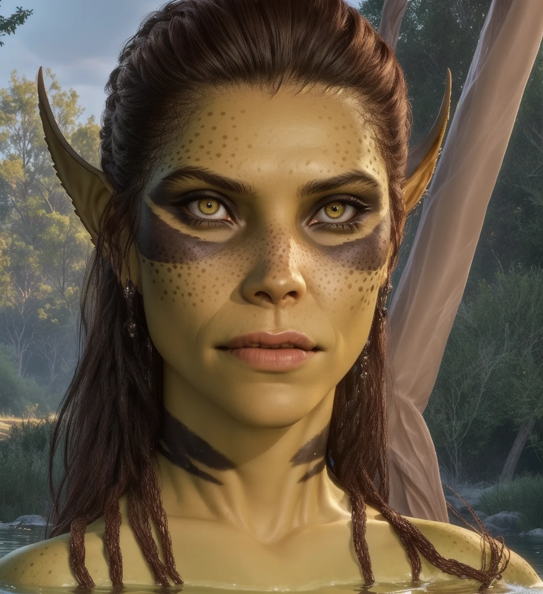 breathtaking cinematic photo cinematic film still ,Photo , photo real, POV SPYING on (laezel :1.4) bathing in stream at dusk, cat pupil, body spots, githyanki freckles , standing  forgotten realms, detailed,(green skin:1.2), ifbb, detailed skin, black hair, war paint, yellow eyes, Warrior At Camp, alluring, photo realistic, BG3, inviting, joyful, welcoming, lae'zel smiling <lora:laezel-000006:0.7>photo  by Baldur's Gate 3, big budget film, cinematic , shallow depth of field, moody,  . shallow depth of field, vignette, highly detailed, high budget Hollywood movie, bokeh, cinemascope, moody, epic, gorgeous, film grain, grainy . 35mm photograph, film, bokeh, professional, 4k, highly detailed . award-winning, professional, highly detailed