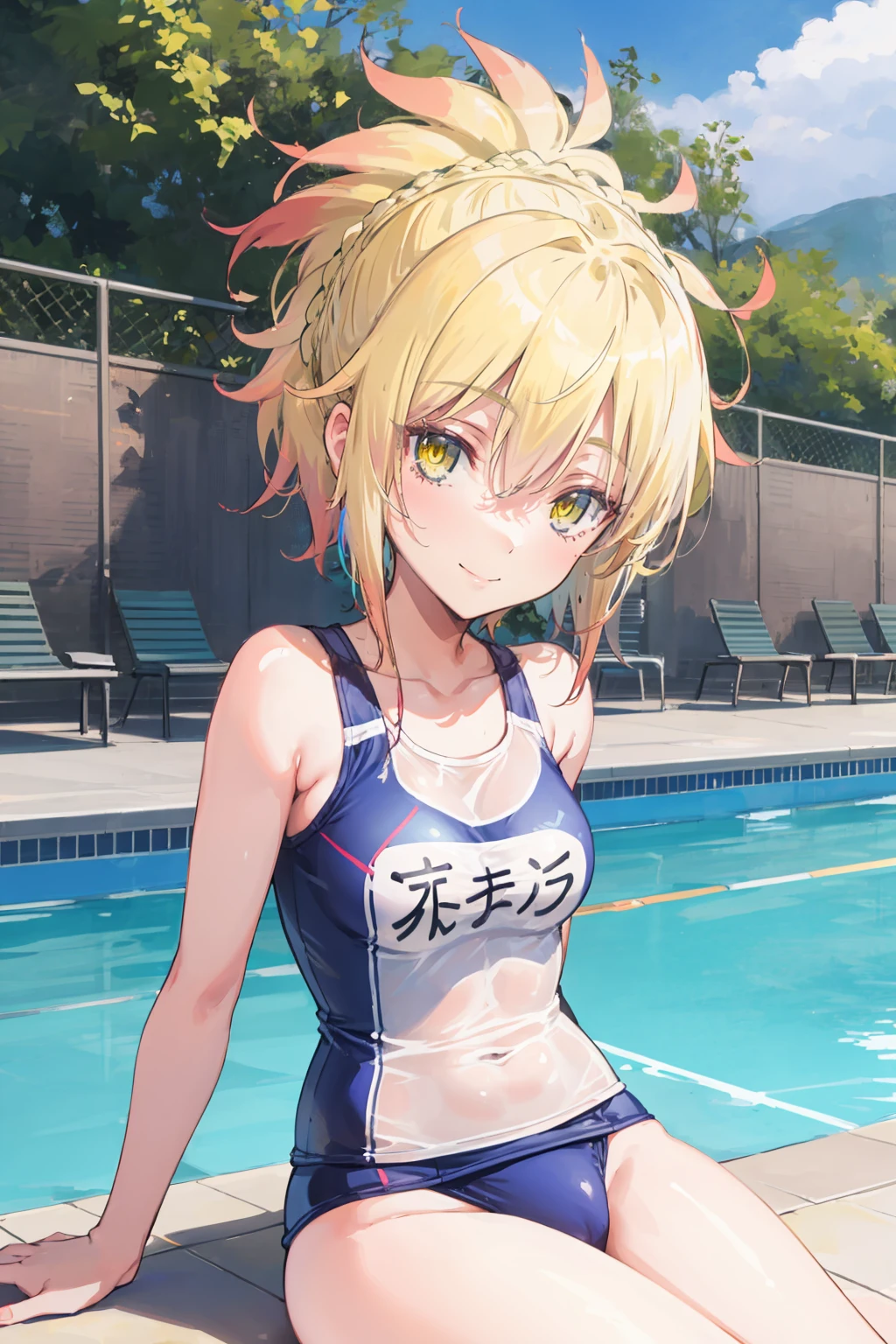 masterpiece, best quality, 1girl, kunou, blonde hair, short hair, ponytail, yellow eyes, sitting next to the pool, school swimsuit, looking at viewer, smile, solo, outdoors, pool background <lora:Kunou:1>