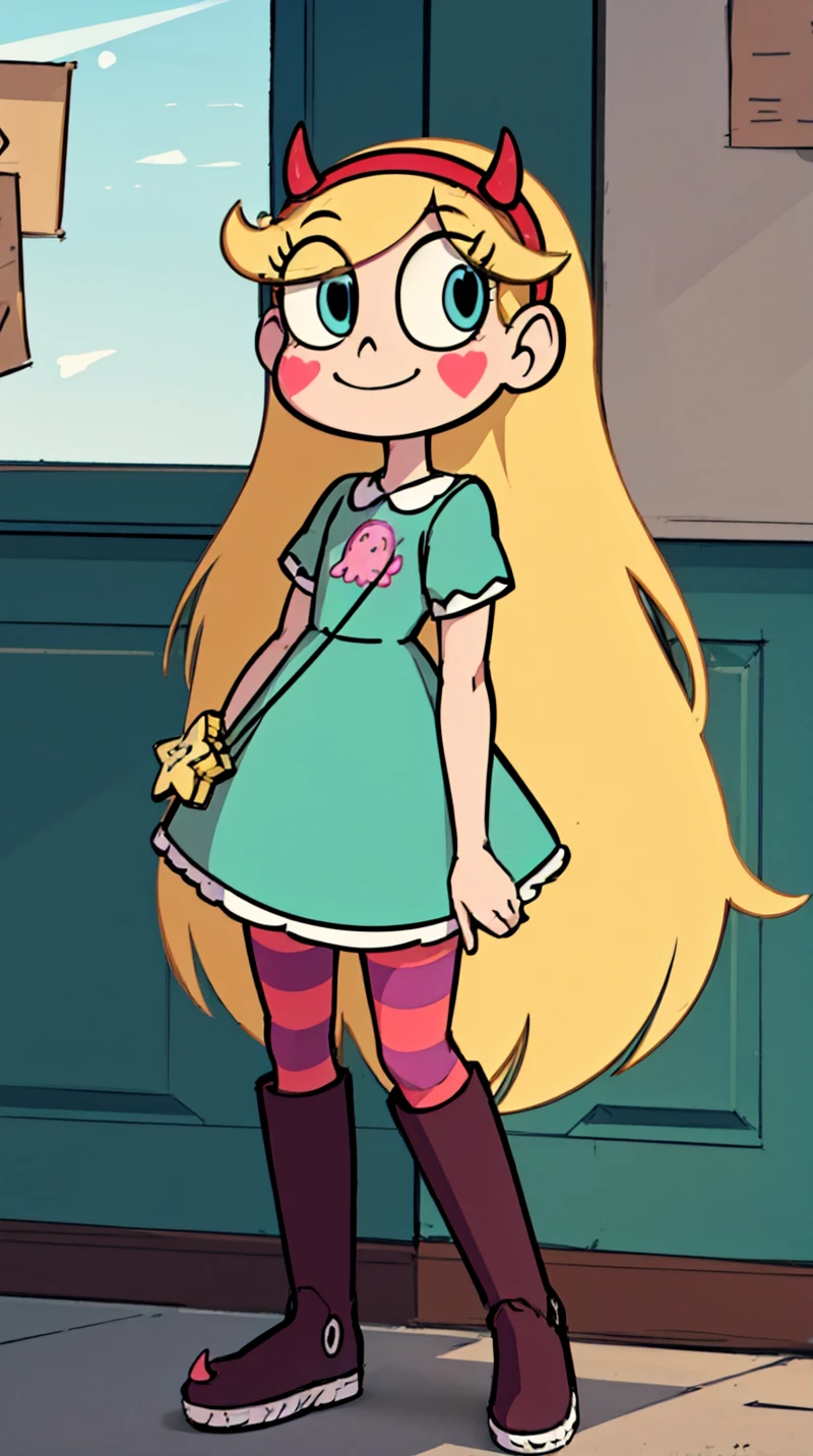 starbutterfly, 1girl, blonde hair, horned headwear, hairband, long hair, solo, heart, blue eyes, facial mark, very long hair,teal dress,striped pantyhose,boots, , blush stickers,looking at viewer, smile, <lora:starbutterfly2.0:0.65>