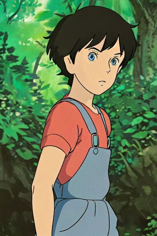 annasasaki, brown hair, blue eyes, ghibli, bra top, overalls, short hair, crew cut, butch haircut, pixie cut