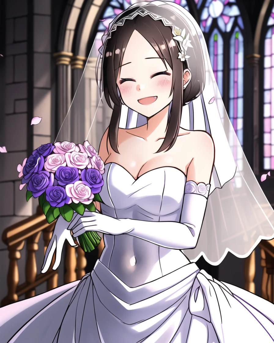 (masterpiece, high resolution, clear outlines, ultra-detailed, illustration), 1girl, mendoutsuyu, solo, cowboy shot, closed eyes, smile, bare_shoulders, blurry, blurry_background, blurry_foreground, blush, bouquet, breasts, (bridal veil, white veil:1.2), white dress, bride, collarbone, depth_of_field, dress, elbow_gloves, flower, gloves, holding_bouquet, jewelry, looking_at_viewer, motion_blur, navel, petals, pink_flower, purple_flower, stained_glass, strapless, (veil:1.2), wedding_dress, white_flower, beautiful detailed background, bridal, church  <lora:mendoutsuyu:0.75>