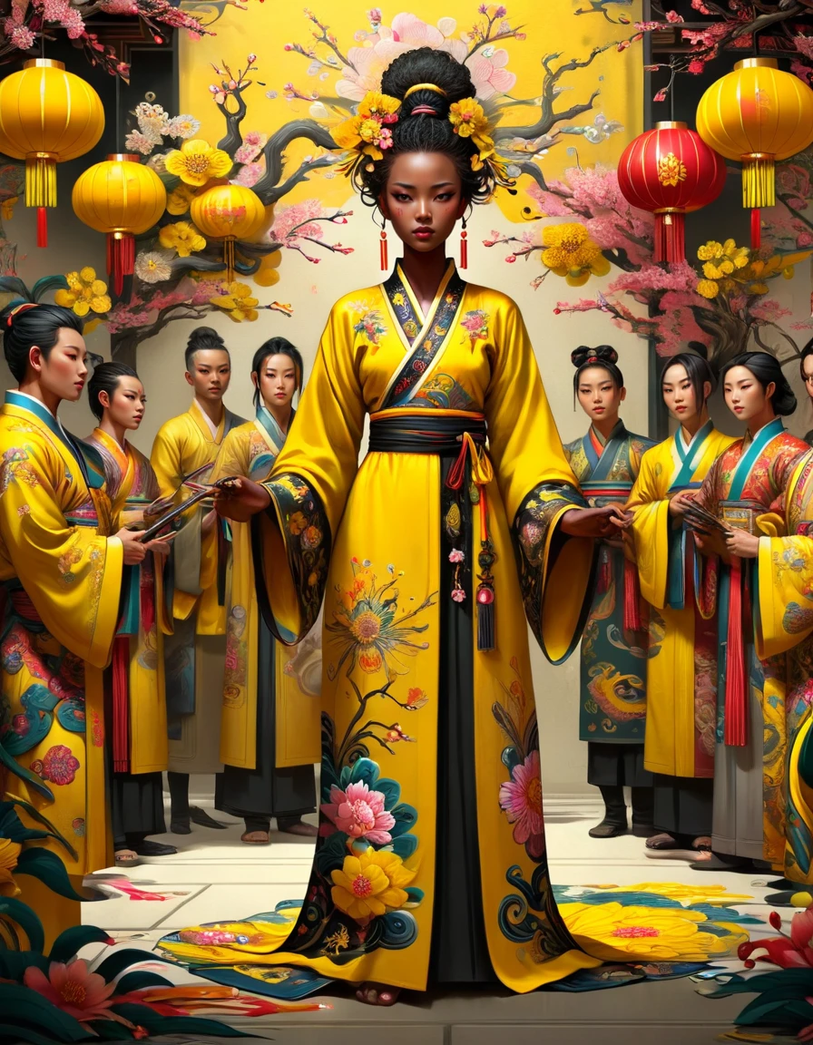 (masterpiece, best quality, absurdres, 4k, aesthetic, detailed, intricate), a woman standing in front of a group of people, a digital painting, by Ludwik Konarzewski Jr, afrofuturism, yellow robe, epic ral-springfestival graphic novel wallpaper, masterpiece, shadow mage female, holy sword in her hands, a black cyborg, with yellow cloths, ruan jia and joao ruas, absolutely outstanding image, ral-springfestival <lora:ral-springfestival:1>